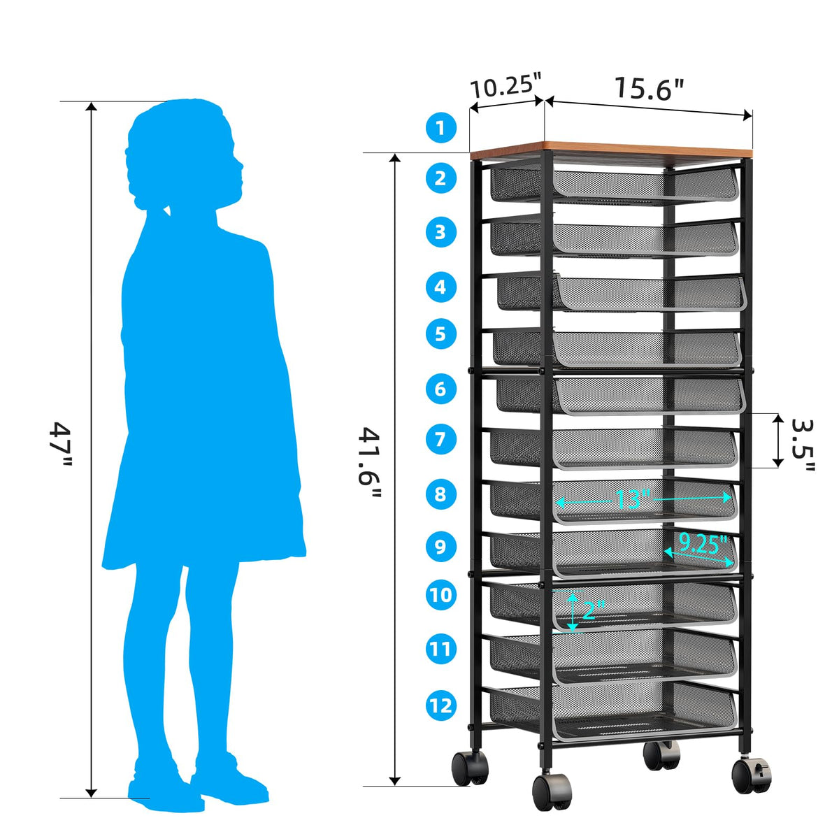 Simple Trending 12-Tier Rolling File Cart, Desk File Organizer with 11 Mesh Sliding Trays, Letter &