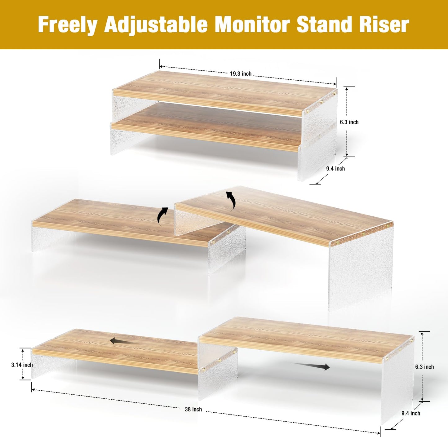 YGYQZ Adjustable Monitor Stand Riser, 9.4" ×19.3" Dual Monitor Desk Stand