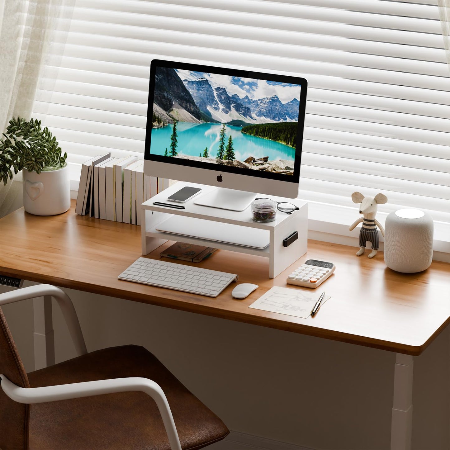 Marbrasse Wood Monitor Stand Riser,Desk Computer Printer Shelf Stand，White