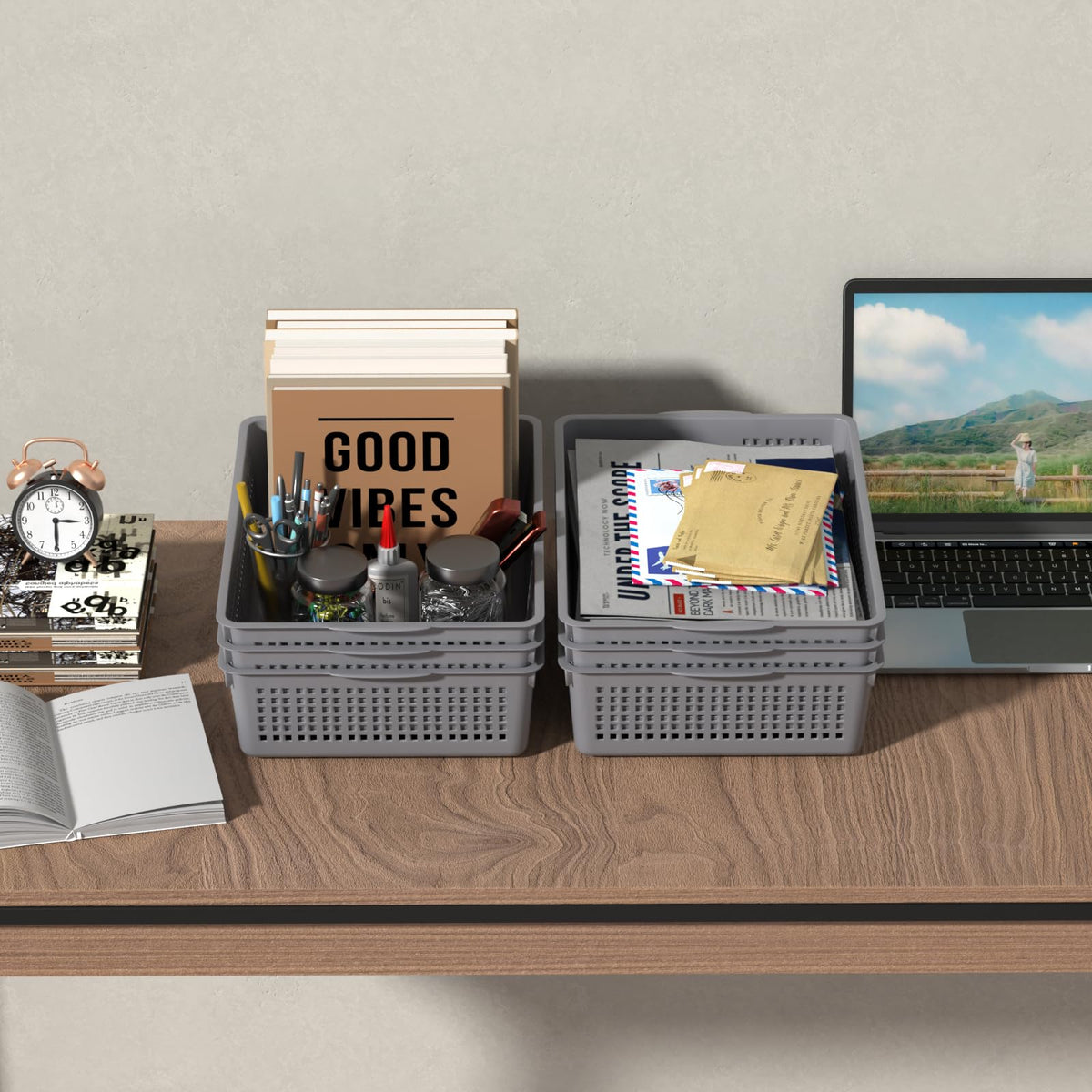 Nicesh 6-Pack A4 Paper Storage Trays, Desktop File Organizer Baskets, Grey
