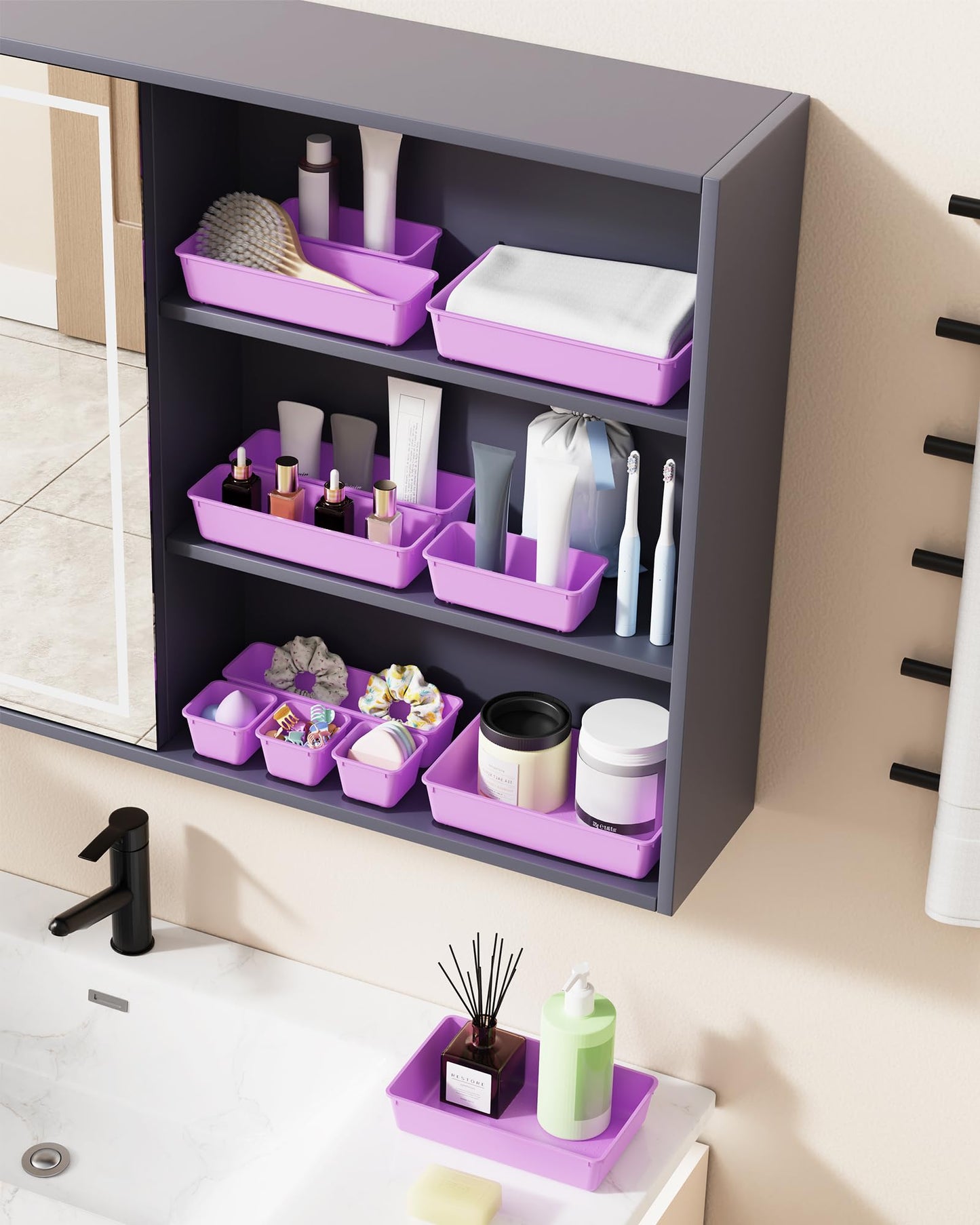 BiuLeon 25 PCS Plastic Drawer Organizers Set, 4-Sizes Vanity and Makeup Organizer, Desk and