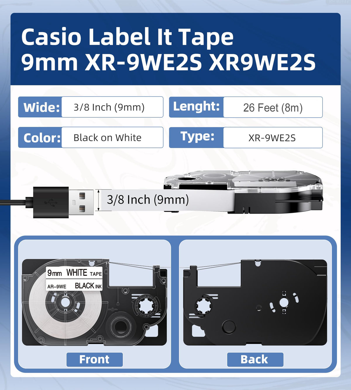 XR-9WE Replace for Casio Label it Tape Cartridge 9mm Xr-9we2s Xr9we2s 3/8"