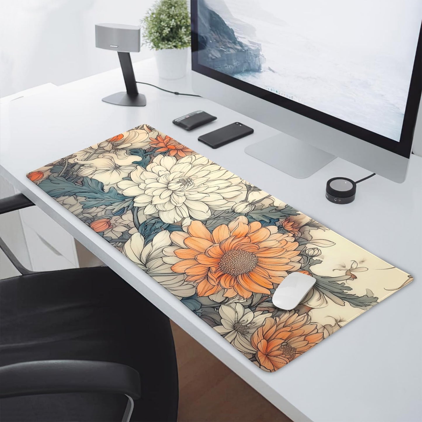 Minimalist Floral Gaming Mouse Pad XXL White Orange Aesthetic Flowers Japanese Extended Large Mat