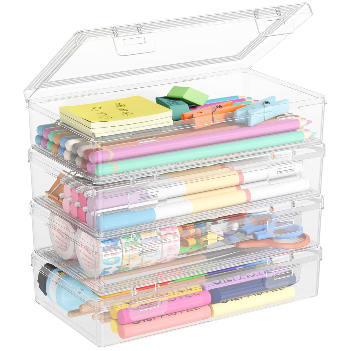 Lifewit Plastic Pencil Box with Snap-tight Lid, 4 Pack