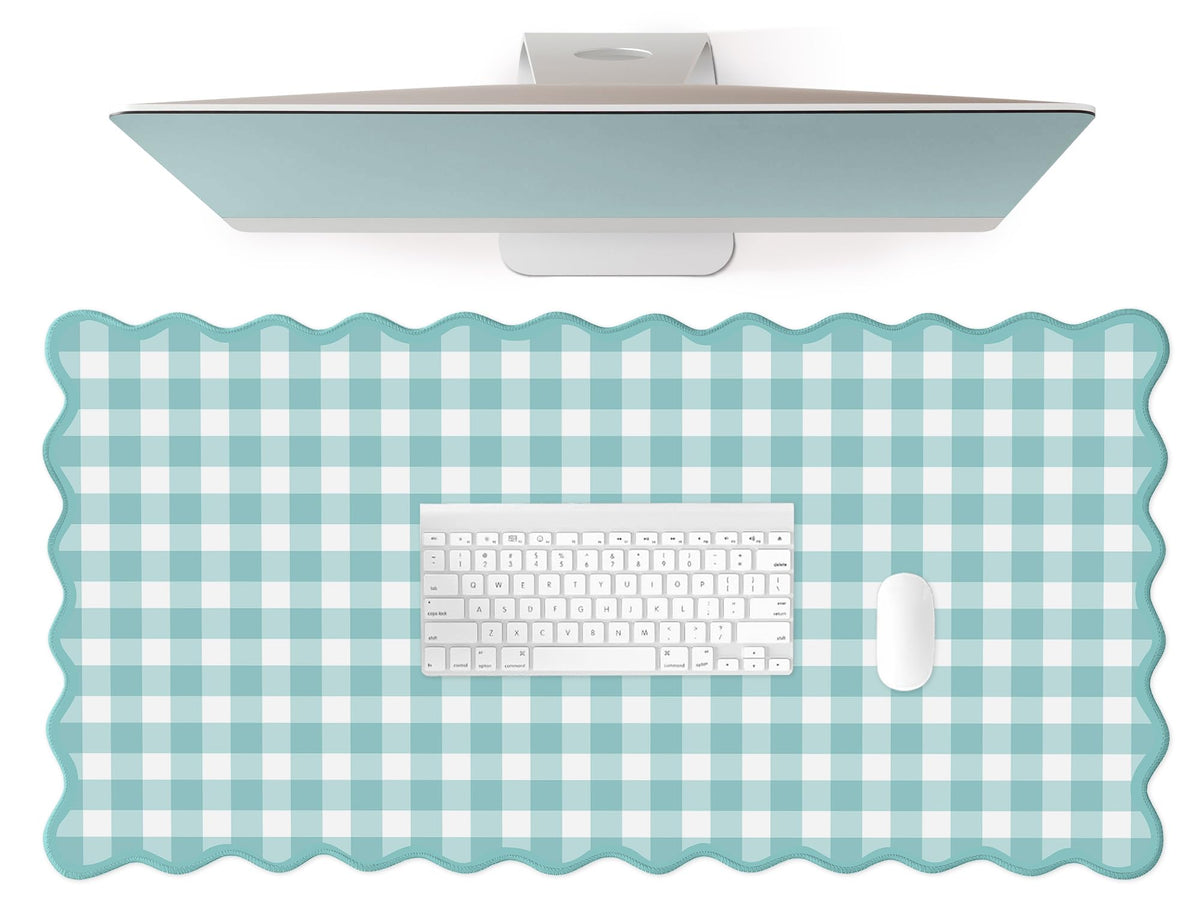 Scalloped‌ Teal Green Checkered Desk Mat Cute Pastel Large Gaming Mouse Pad Gingham Kawaii
