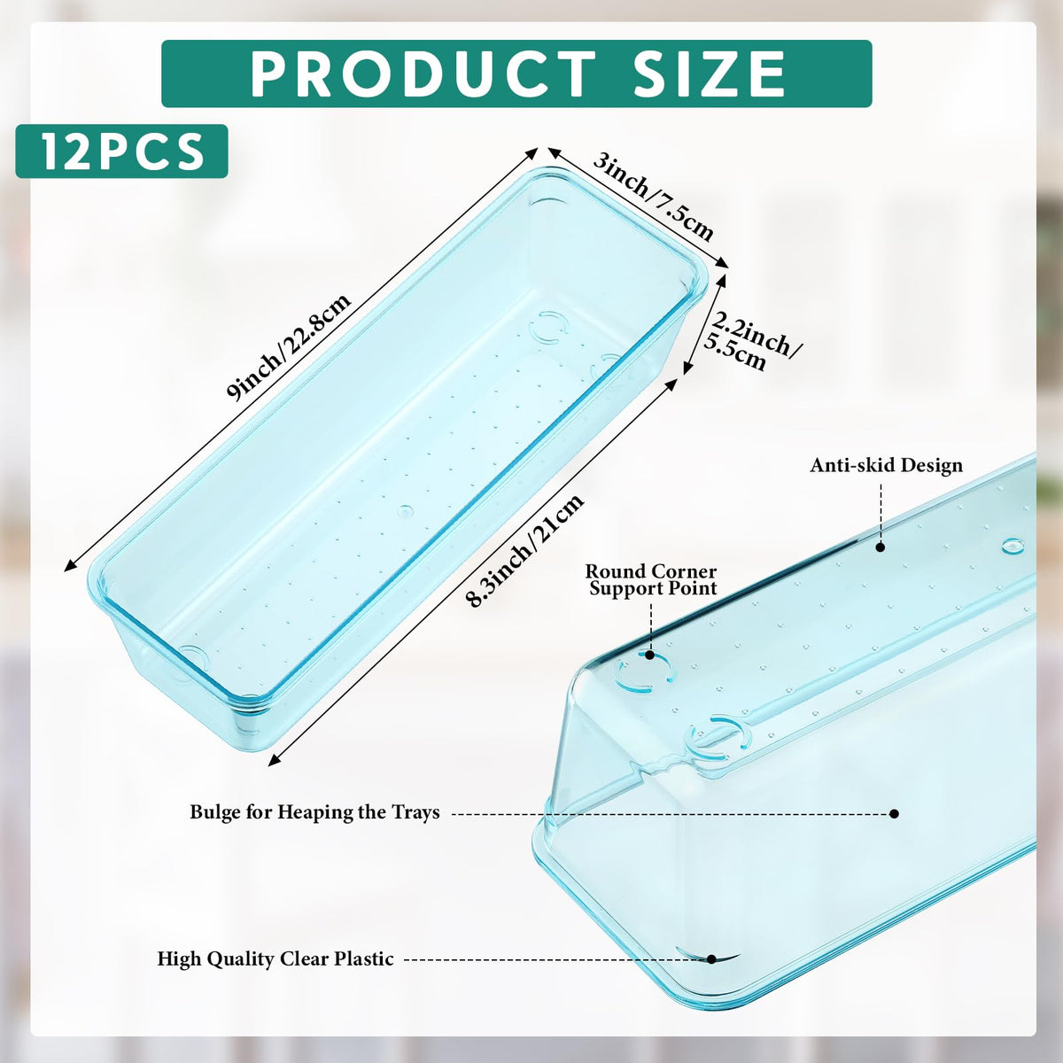 Maitys 12 Pcs Clear Drawer Organizer 9 x 3 x 2 Inches Plastic Rectangle Trays Makeup Vanity Storage