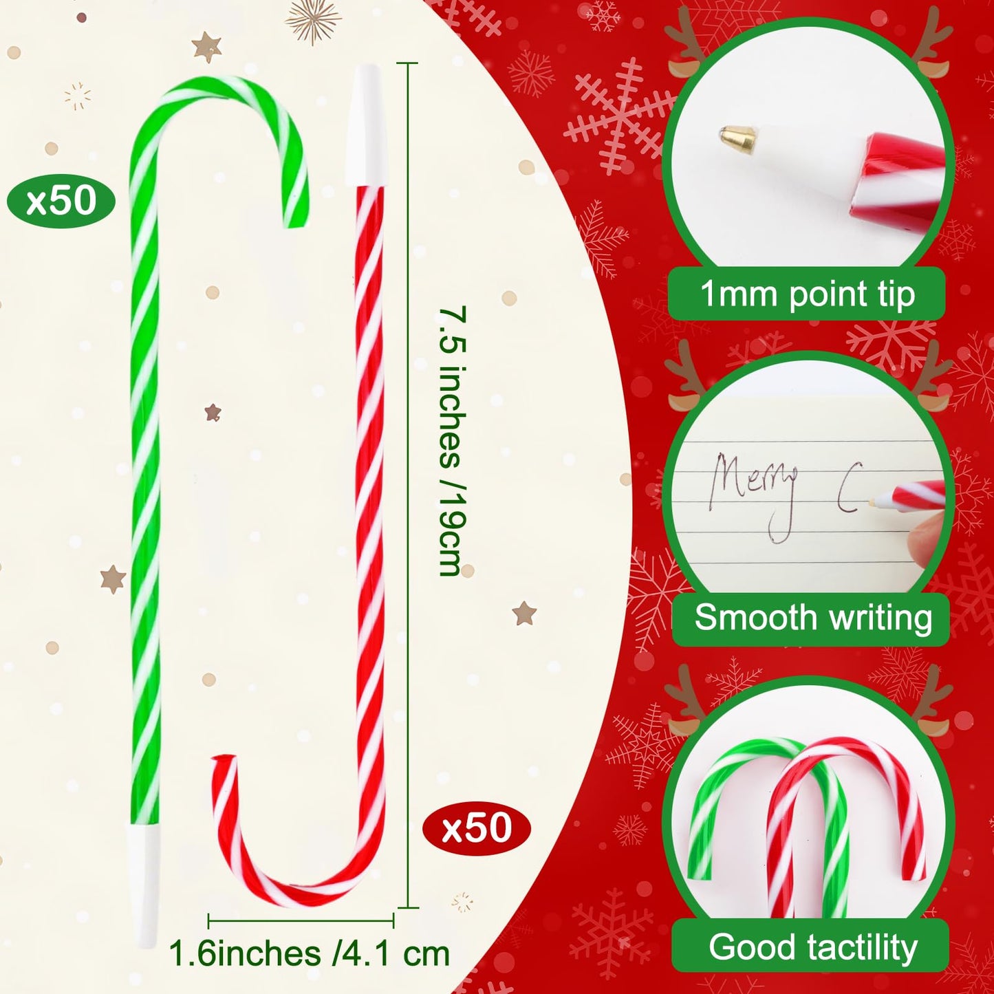 Zealor 100PCS Christmas Candy Cane Pen Christmas Ballpoint Pens with Black Ink Office School