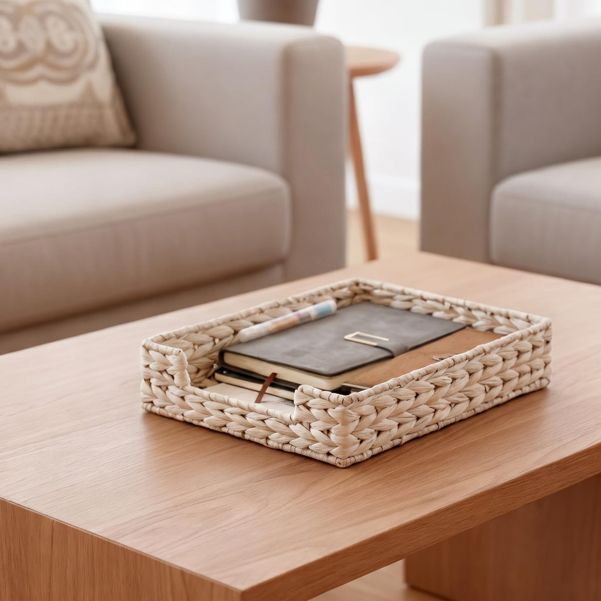 Set of 2 Water Hyacinth Letter Tray for A4 File Desk Mail Letter-Size Paper, Basket Woven