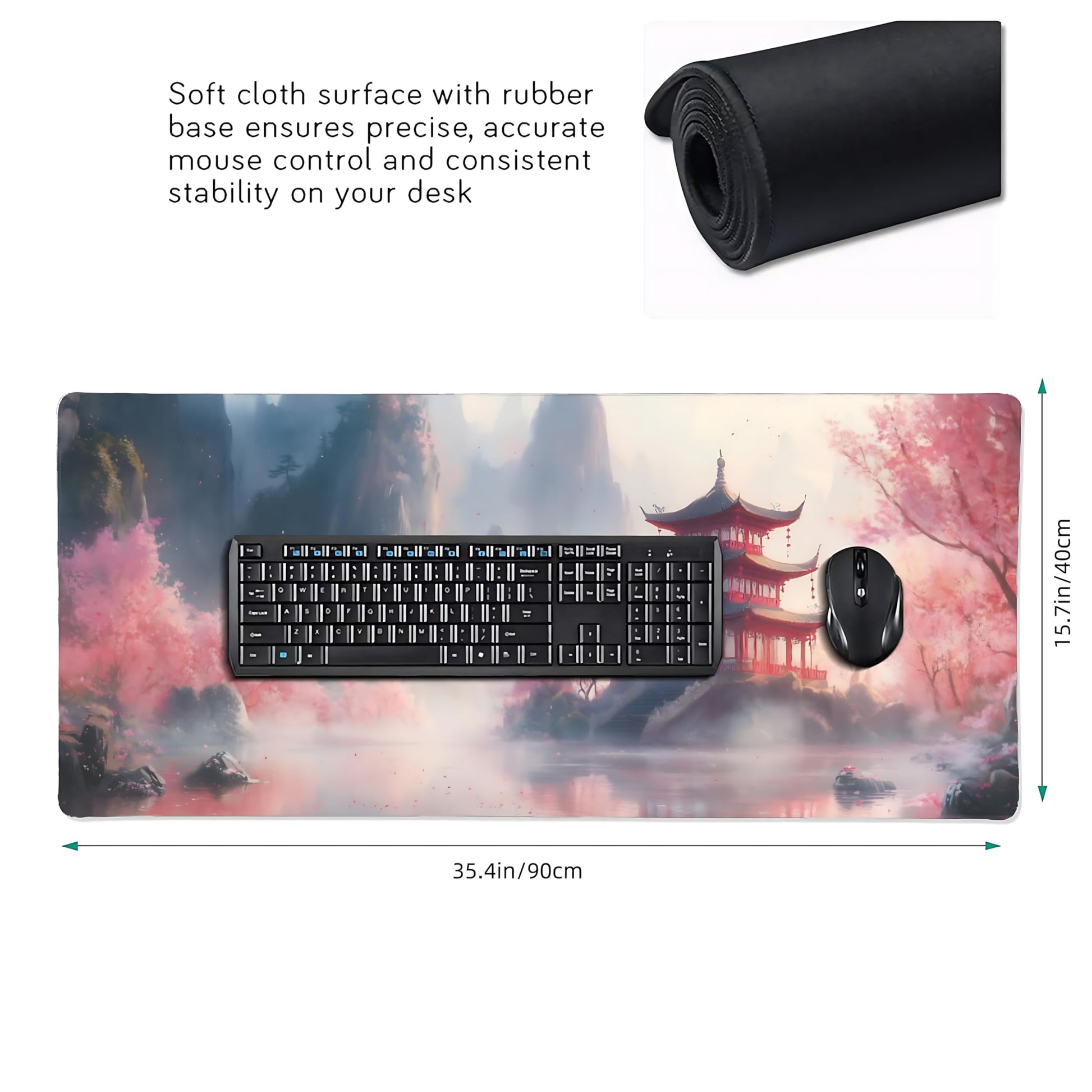 Aesthetic Scenery Gaming Mouse Pad, Pink Japanese Desk Mat with Anti-Slip Base & Stitched