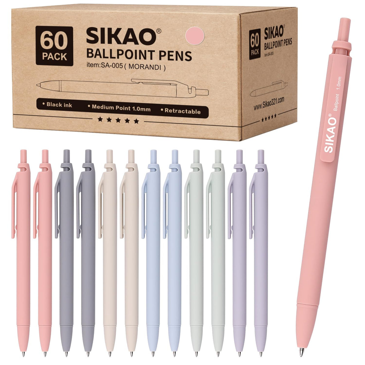 Sikao Morandi Pens Bulk 60 Pack – Smooth Writing 1.0mm, Click Ballpoint Pens with Black Ink