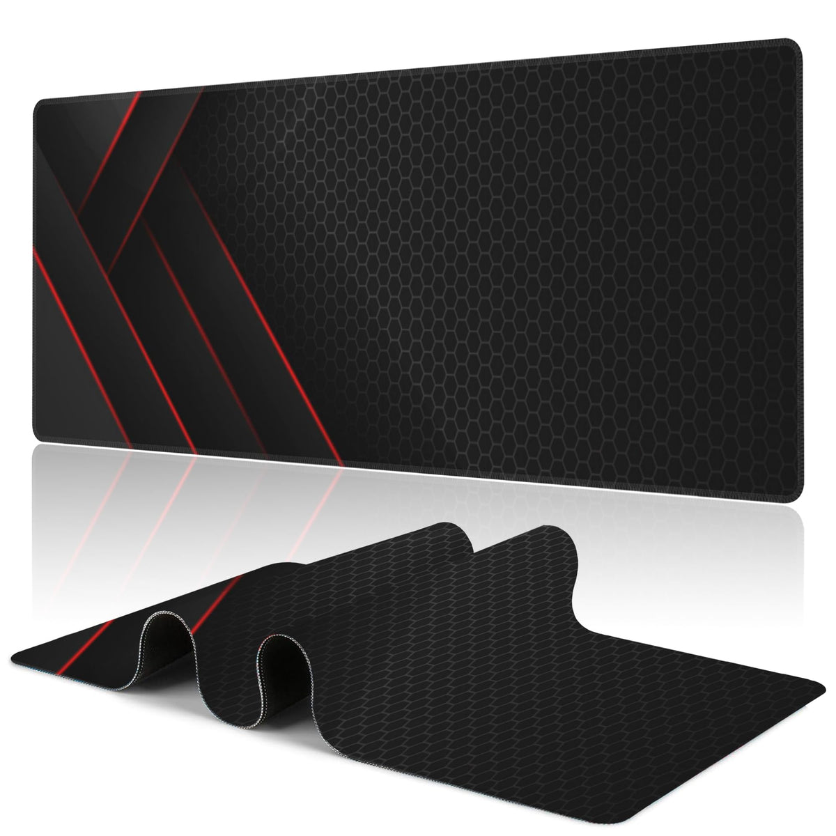 Uiaoiais Gaming Desk Pad, Black Red Honeycomb Technology, 31.5"X15.7" Extended Mat with Stitched