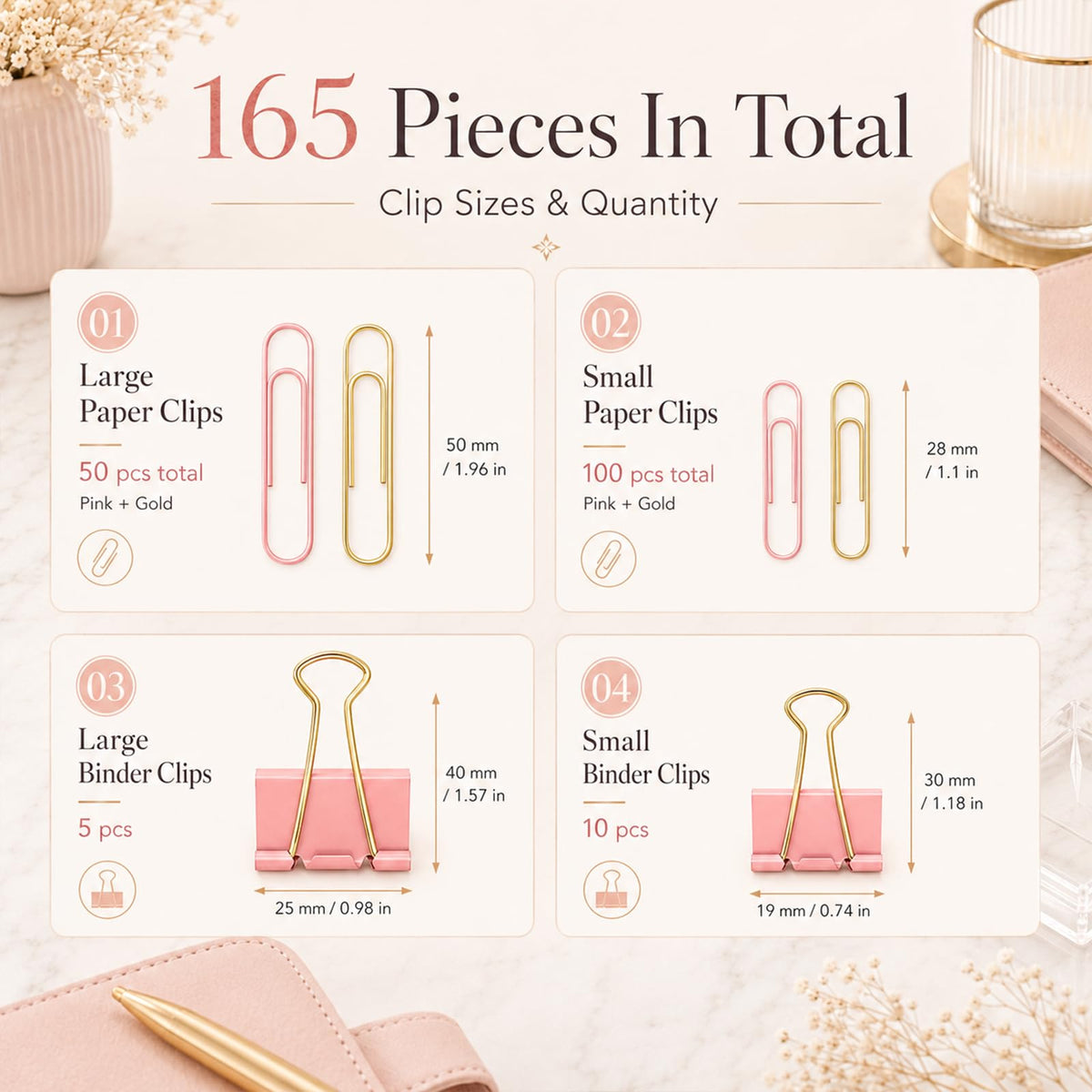 Creechwa Paper Clips and Binder Clips Set, Pink & Gold, Assorted Size Clips