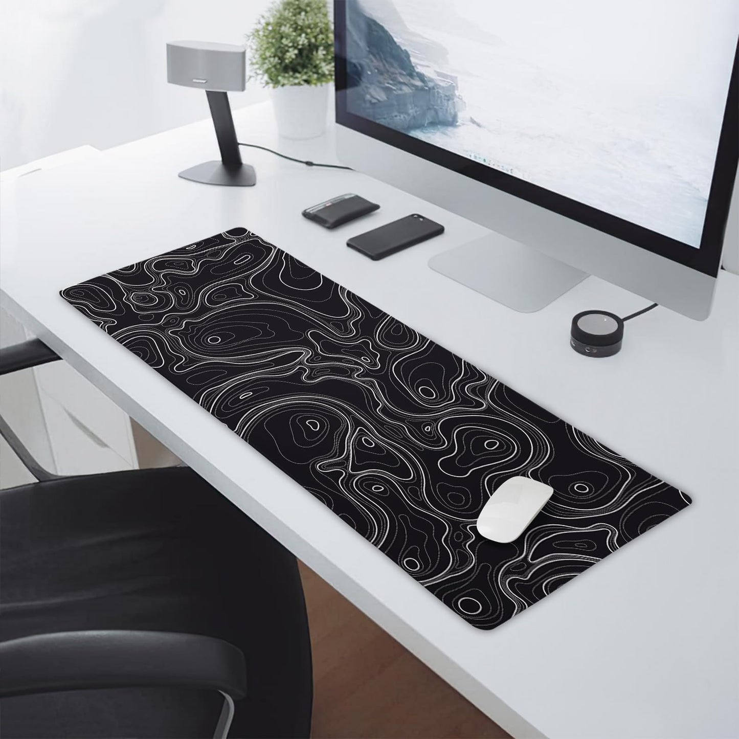 Topographic Map Black Gaming Mouse Pad XL Minimalist Topo Geographic White Lines Extended Large Mat