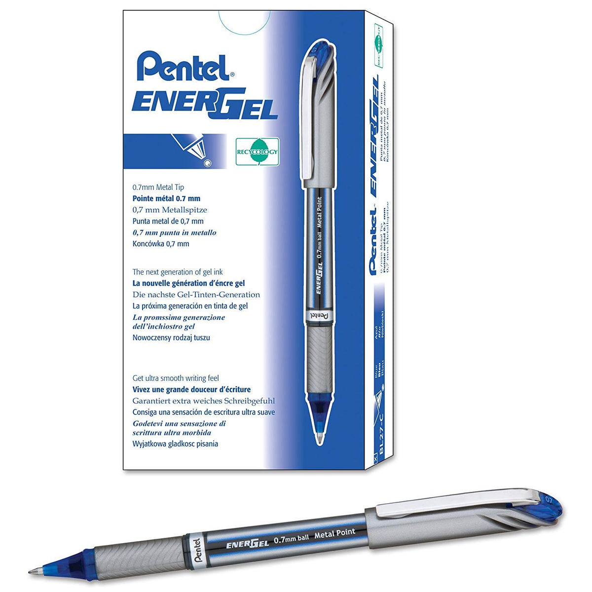 Pentel ENER-GEL NV Liquid Gel Pen, 0.7mm, Medium Line Capped, Metal Tip, Blue Ink, Box of 12