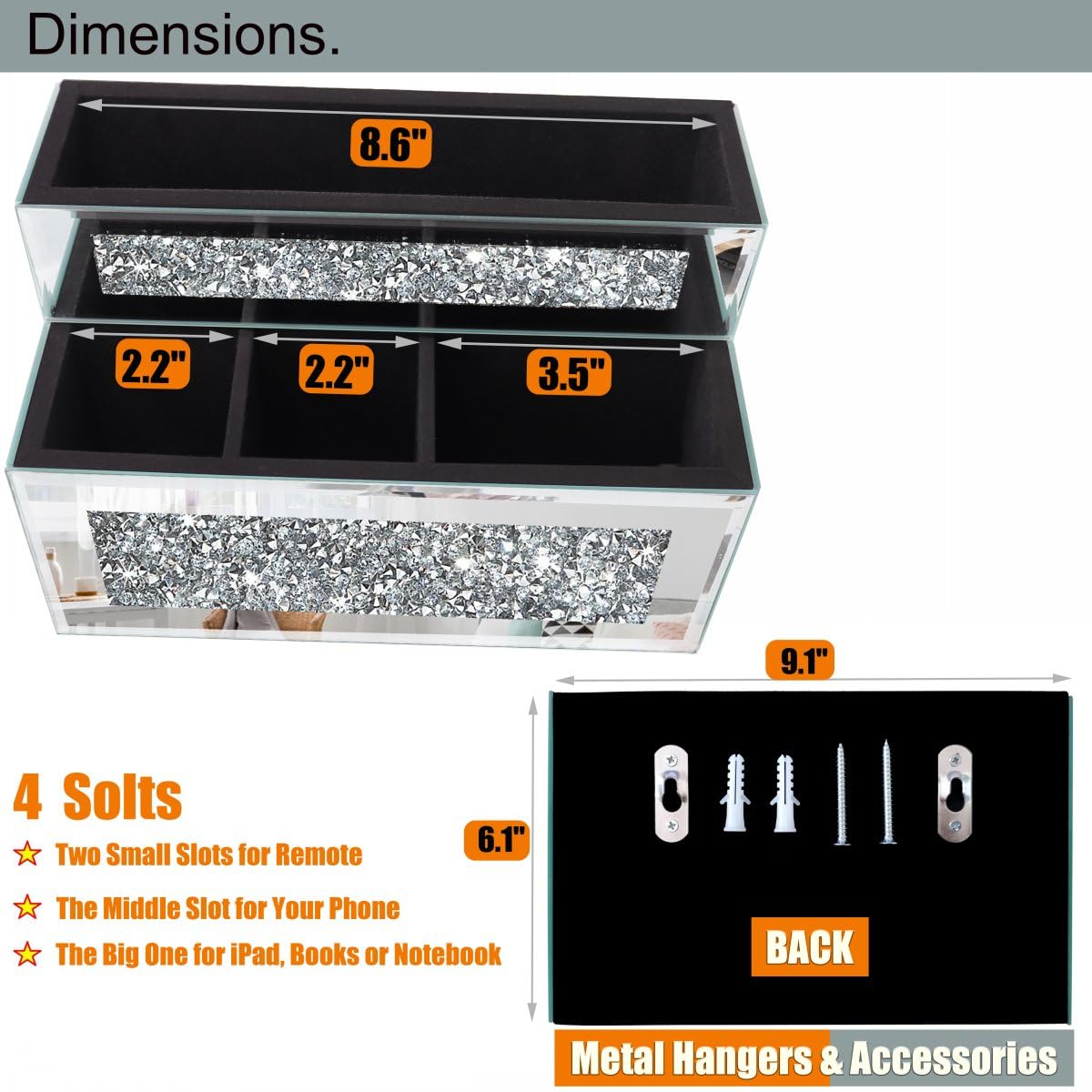 GOTHICO Mirrored Remote Holder, Wall or Tabletop Mounted Crush Diamond Bling Decoration Organizer