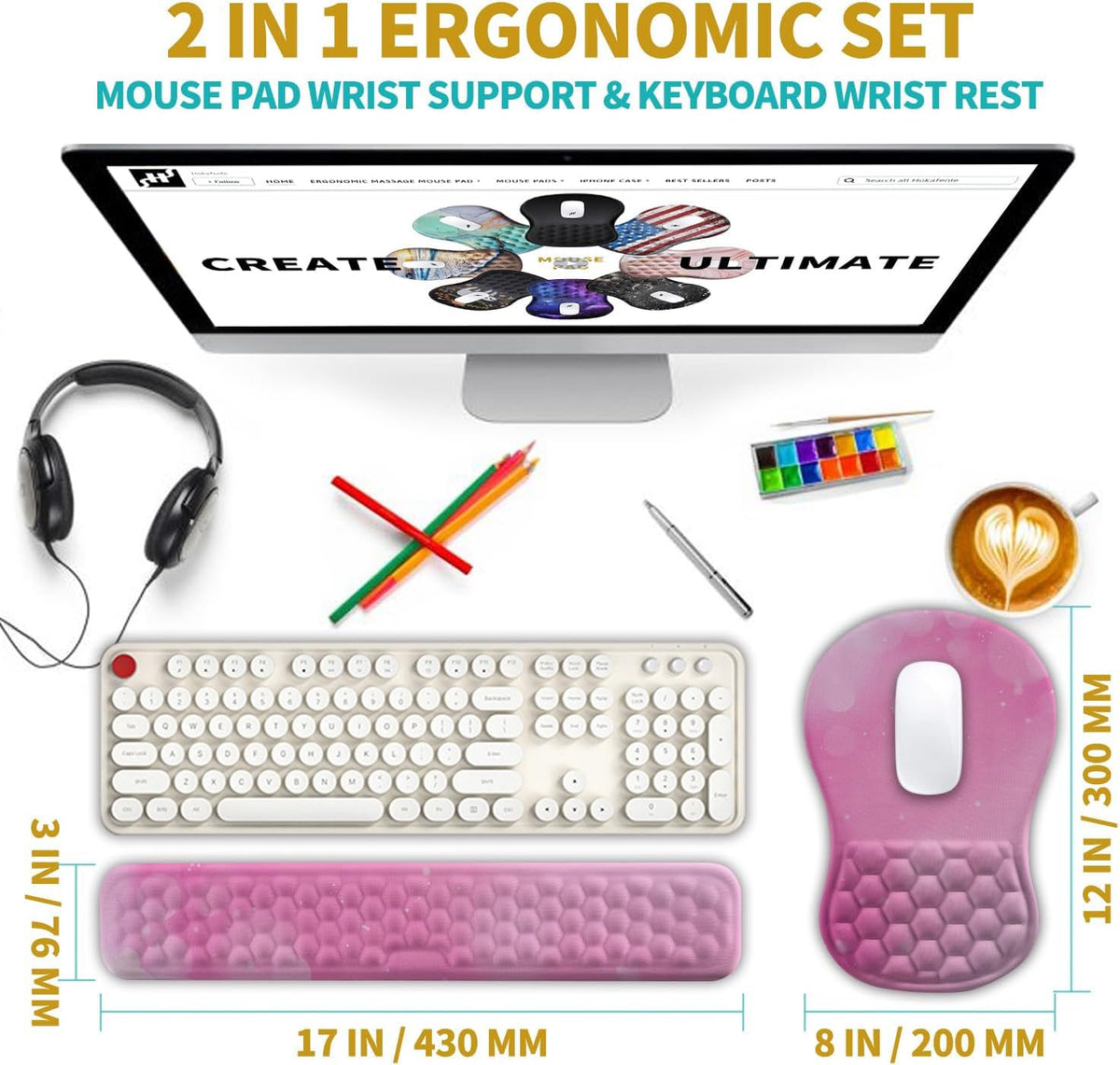 Hokafenle 2 in 1 Ergonomic Mouse Pad Wrist Support & Wrist Rest for Computer Keyboard Set, with