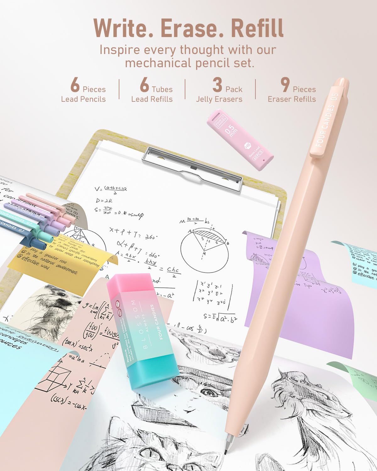 Four Candies School Supplies with Cute Pencil Case, 39ct, Cream