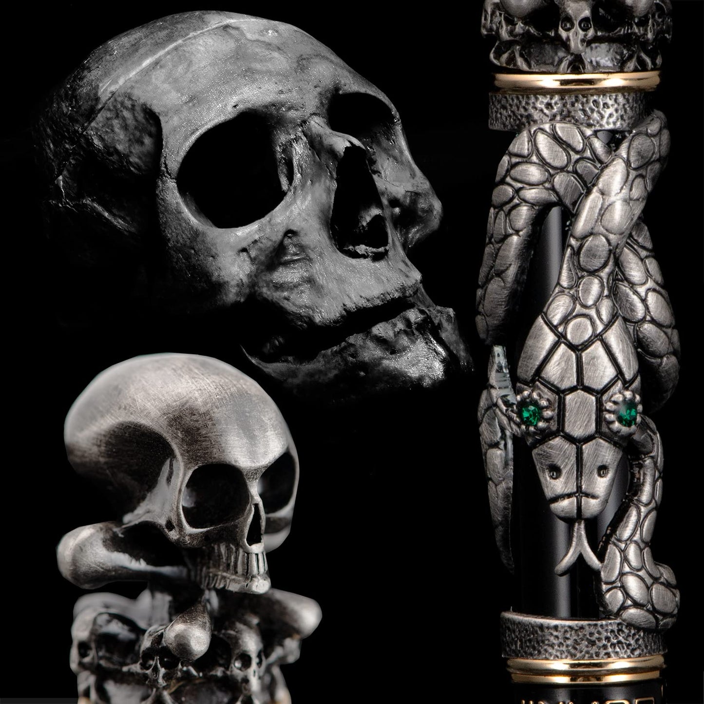 Jinhao Black Snake Fountain Pen Extra Fine Nib Retro Style with Skull Head Solid Metal and Paper