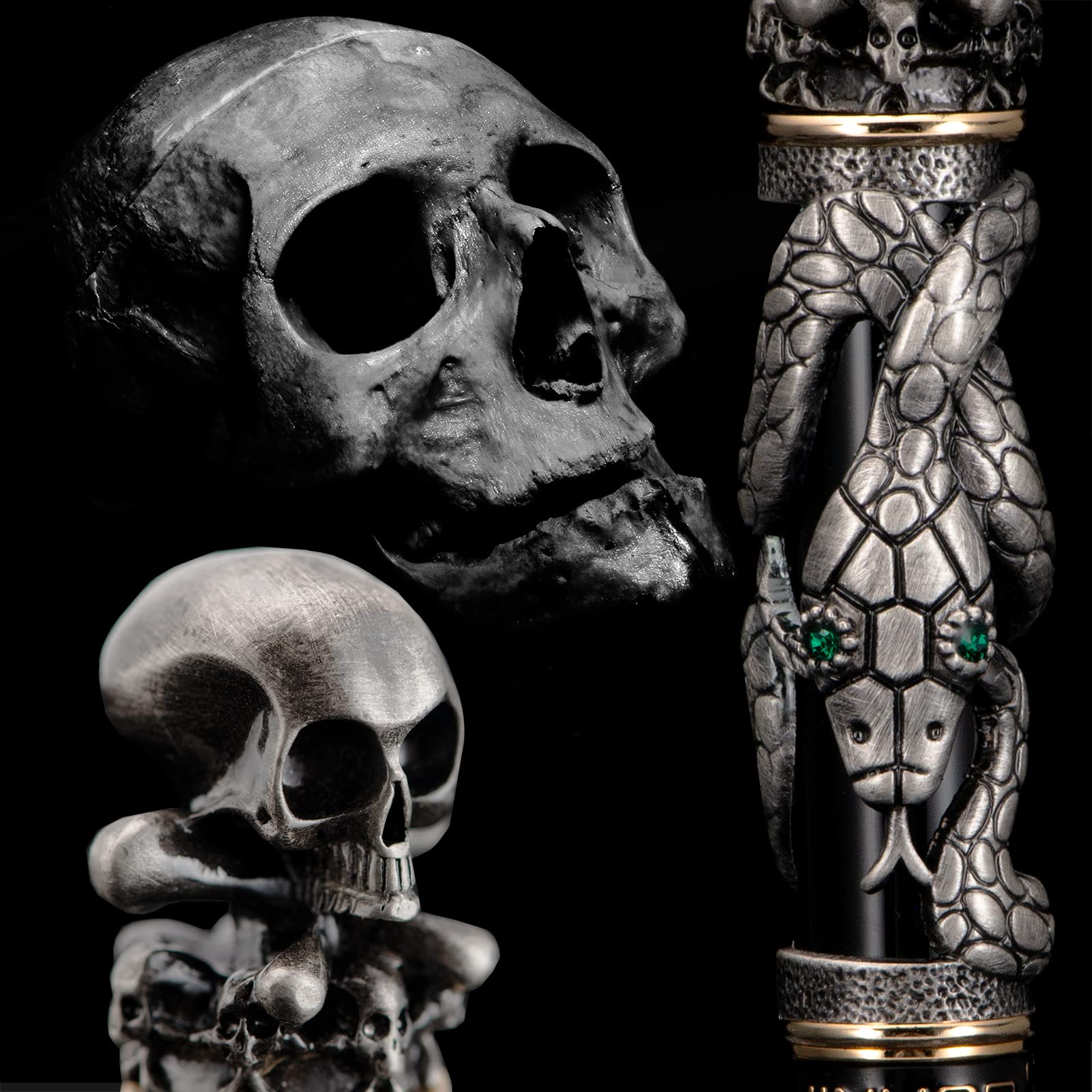 Jinhao Black Snake Fountain Pen Extra Fine Nib Retro Style with Skull Head Solid Metal and Paper