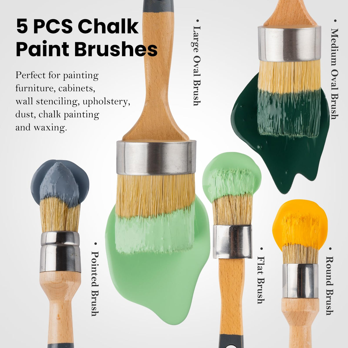 YiBaiBrush Chalk Paint Brush, Wax Paint Brush Set of 5, Natural Bristle