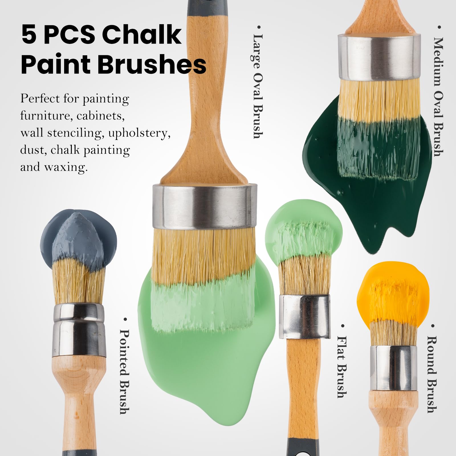 YiBaiBrush Chalk Paint Brush, Wax Paint Brush Set of 5, Natural Bristle