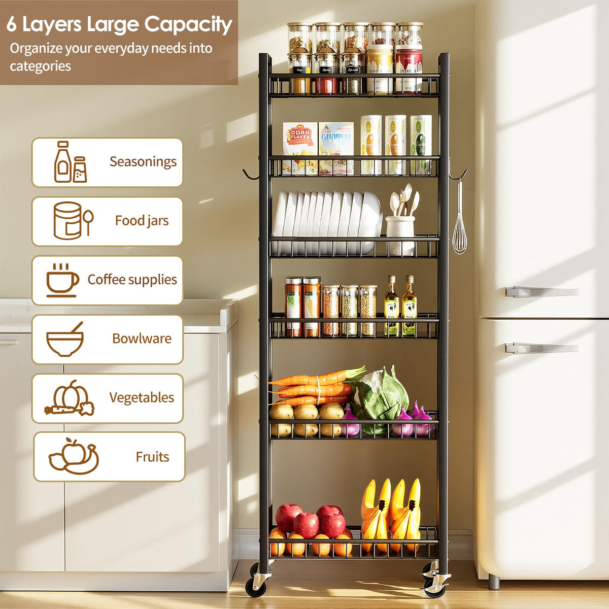 Kssiaz 6 Tier Slim Storage Cart, Narrow Rolling Cart with Wheels, 10in(W)