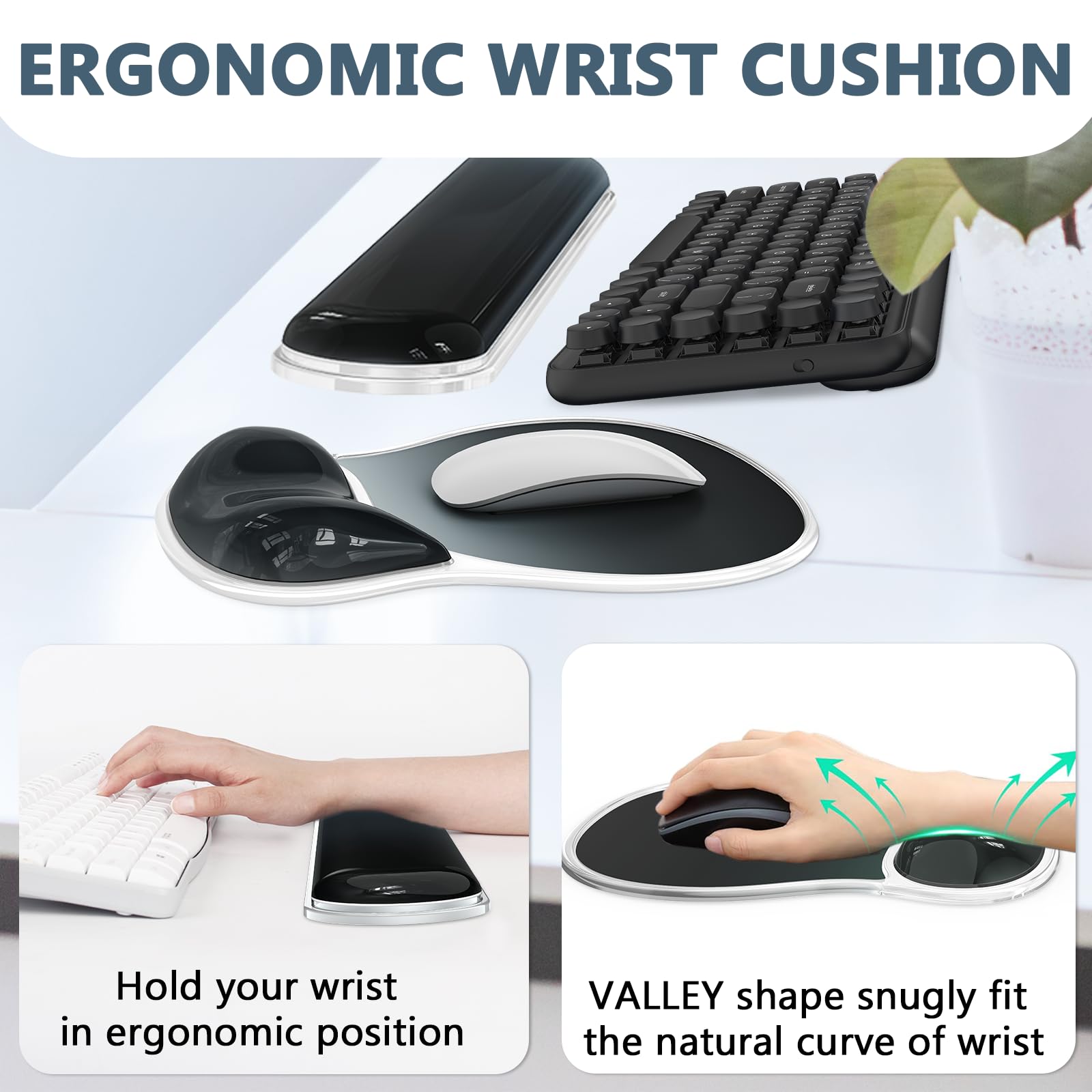 AKIT Ergonomic Mouse Pad with Wrist Rest&Keyboard Wrist Rest Set,Gel,Black