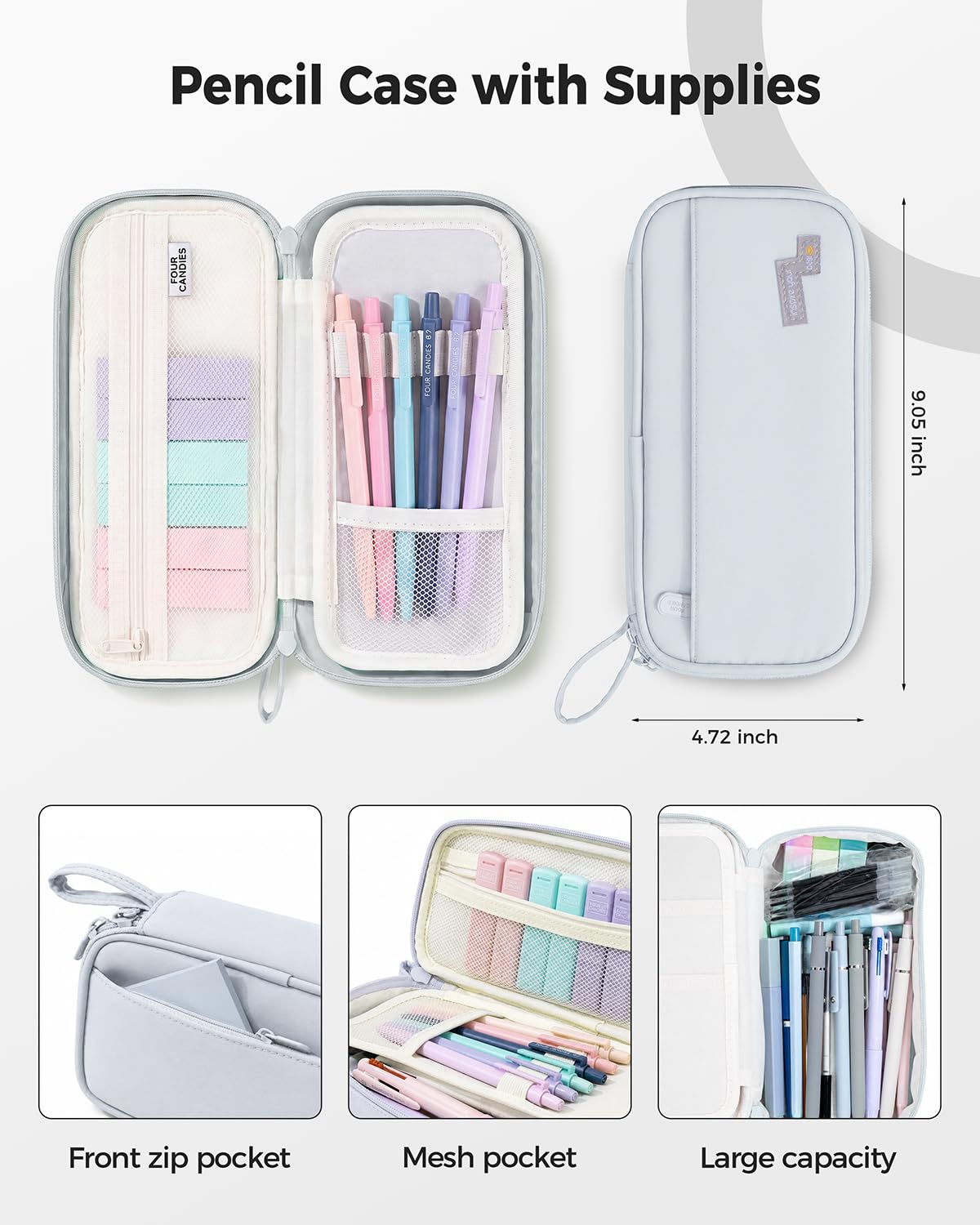 Four Candies 56 PCS Aesthetic School Supplies with Pencil Case (Grey)