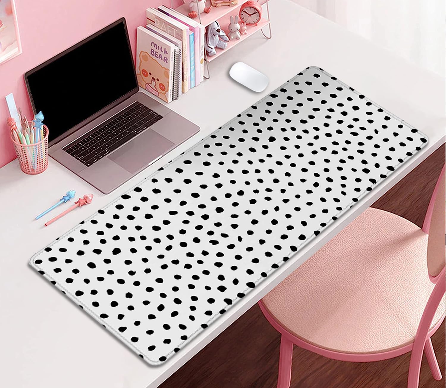 Boho Extended Desk Pad Mouse Pad,Large Polka Dot Mouse Mat with Stitched Edges,Non-Slip Rubber Base