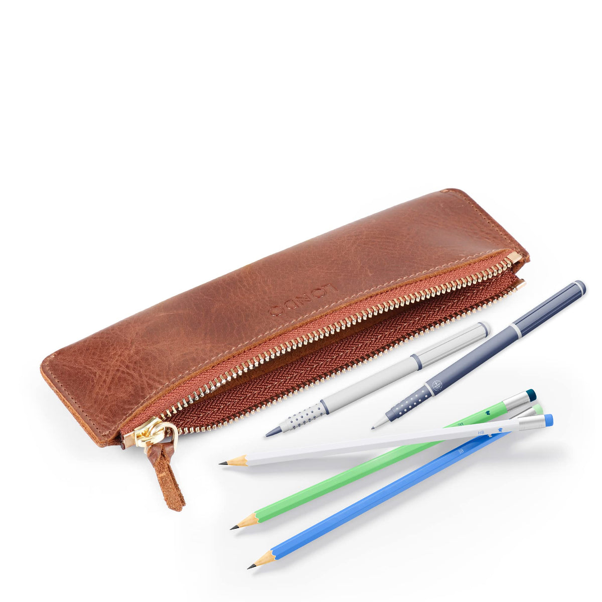 Londo Zippered Genuine Cowhide Leather Pen & Pencil Case — Slim Fountain Pen Holder, Pencil Pouch