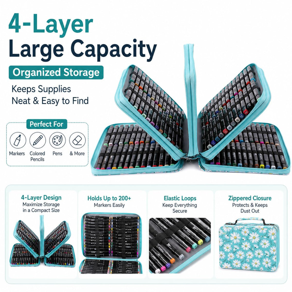 Lbxgap 224-Slot Marker Organizer Bag, 4-Layer Case with Strap