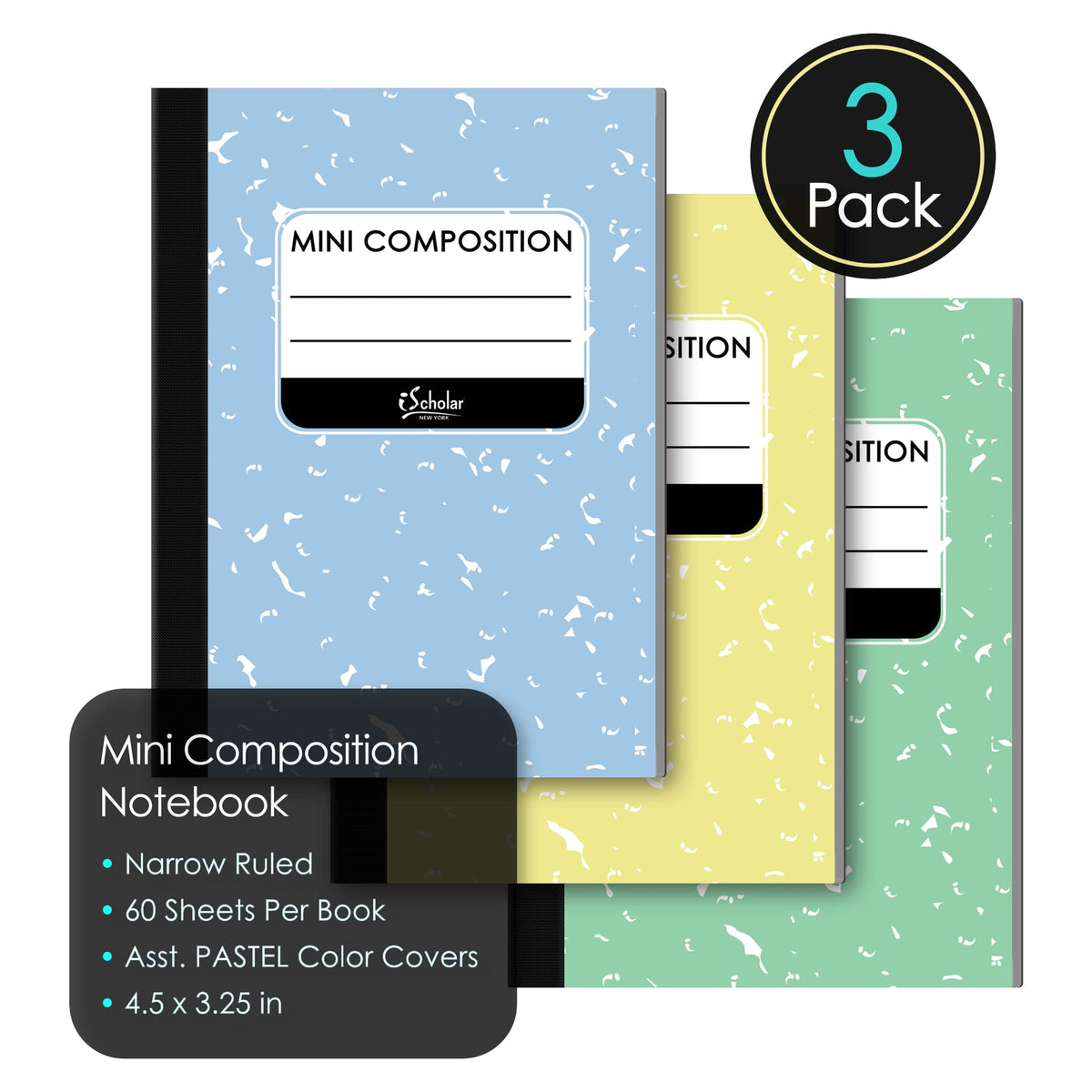 iScholar Mini Composition Books, Narrow Ruled, 4.5 x 3.25 Inches, 60 Sheets Per Book, Assorted
