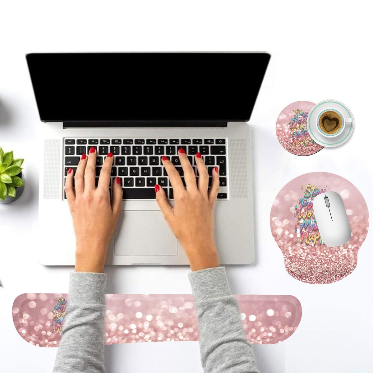 Keyboard Wrist Rest and Mouse Pad Wrist Support Set with Coasters,Stay Positive Work Hard and Make
