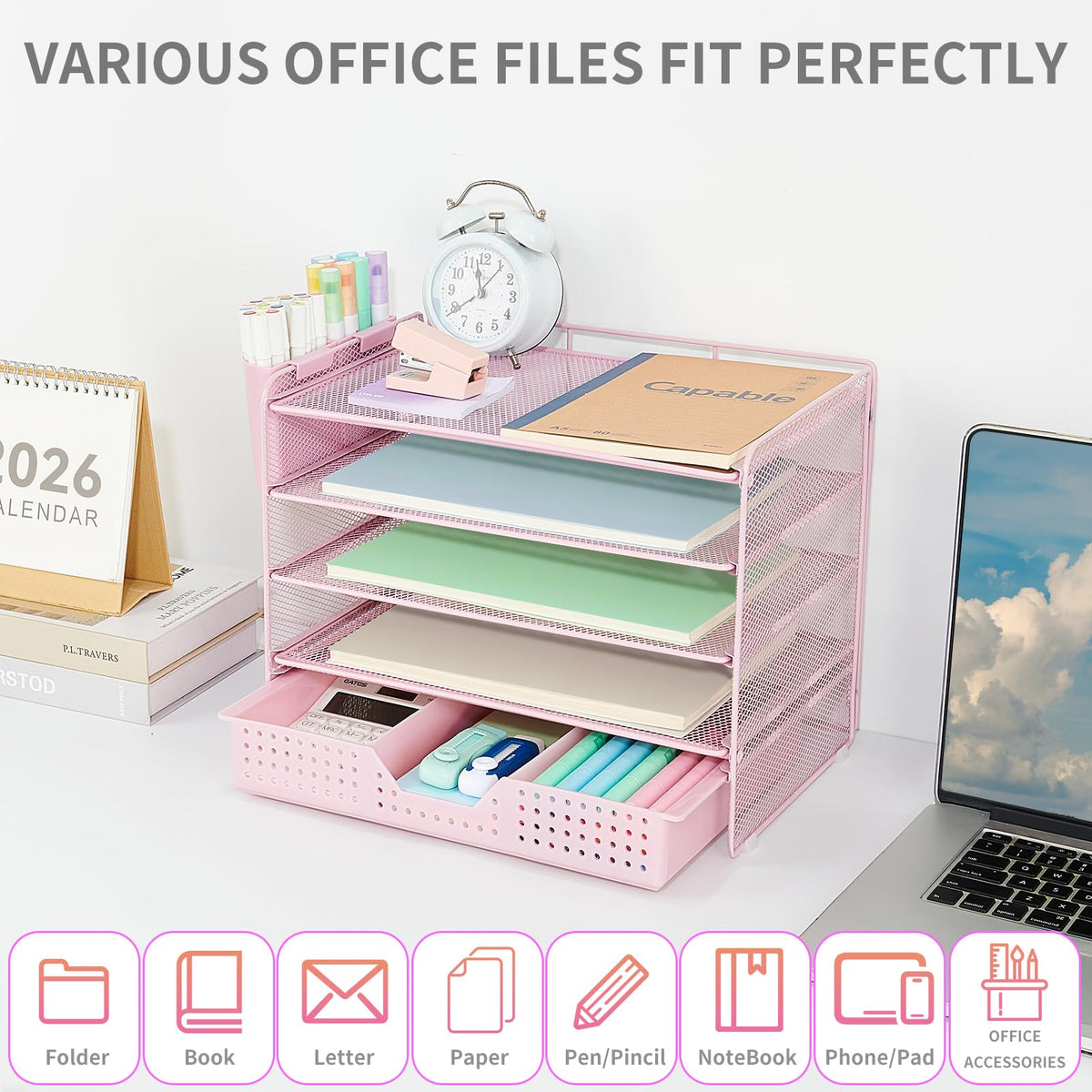 LEKETREE Desk Organizers and Accessories, 5-Tier Paper Letter Tray Organizer with Drawer & 2 Pen
