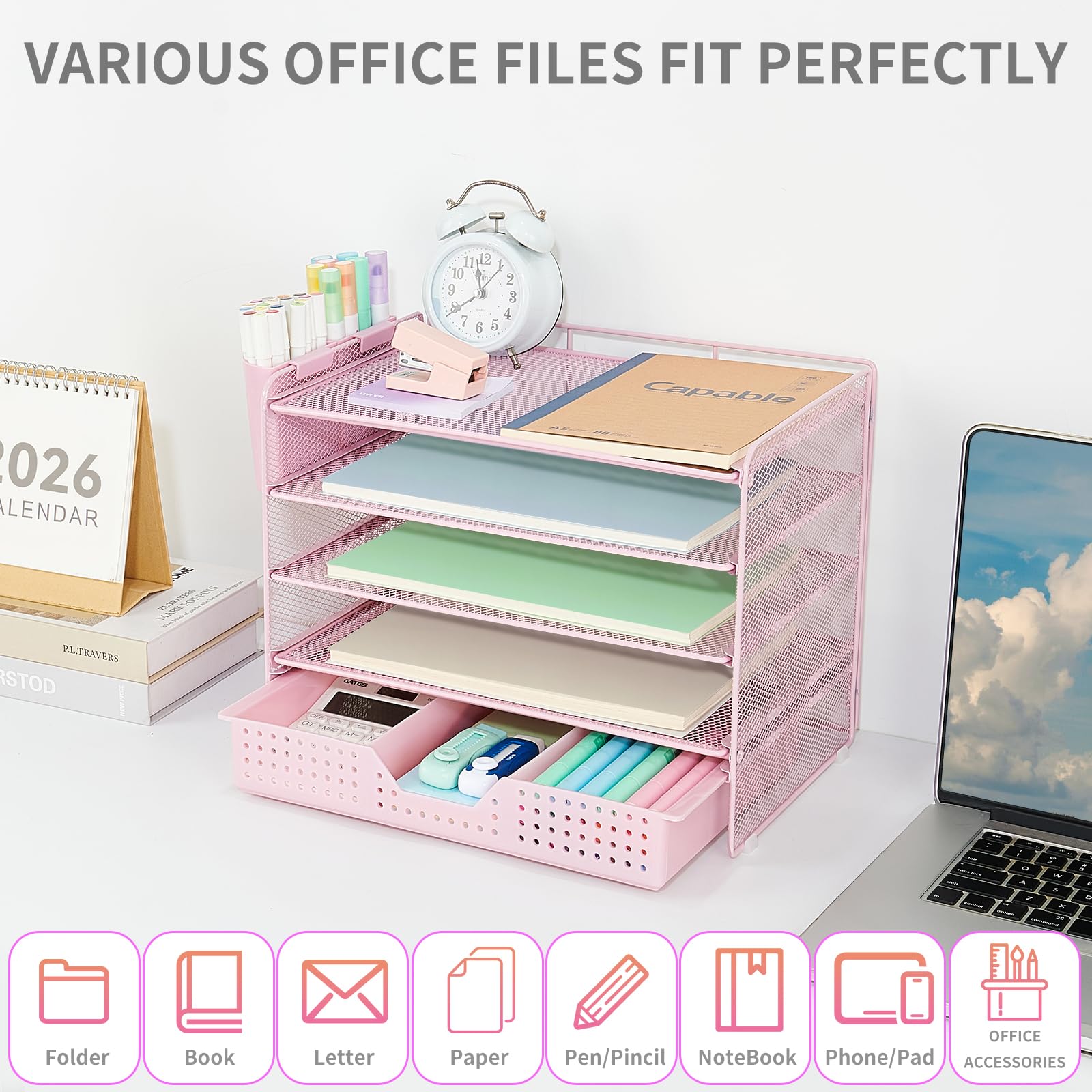 LEKETREE Desk Organizers and Accessories, 5-Tier Paper Letter Tray Organizer with Drawer & 2 Pen