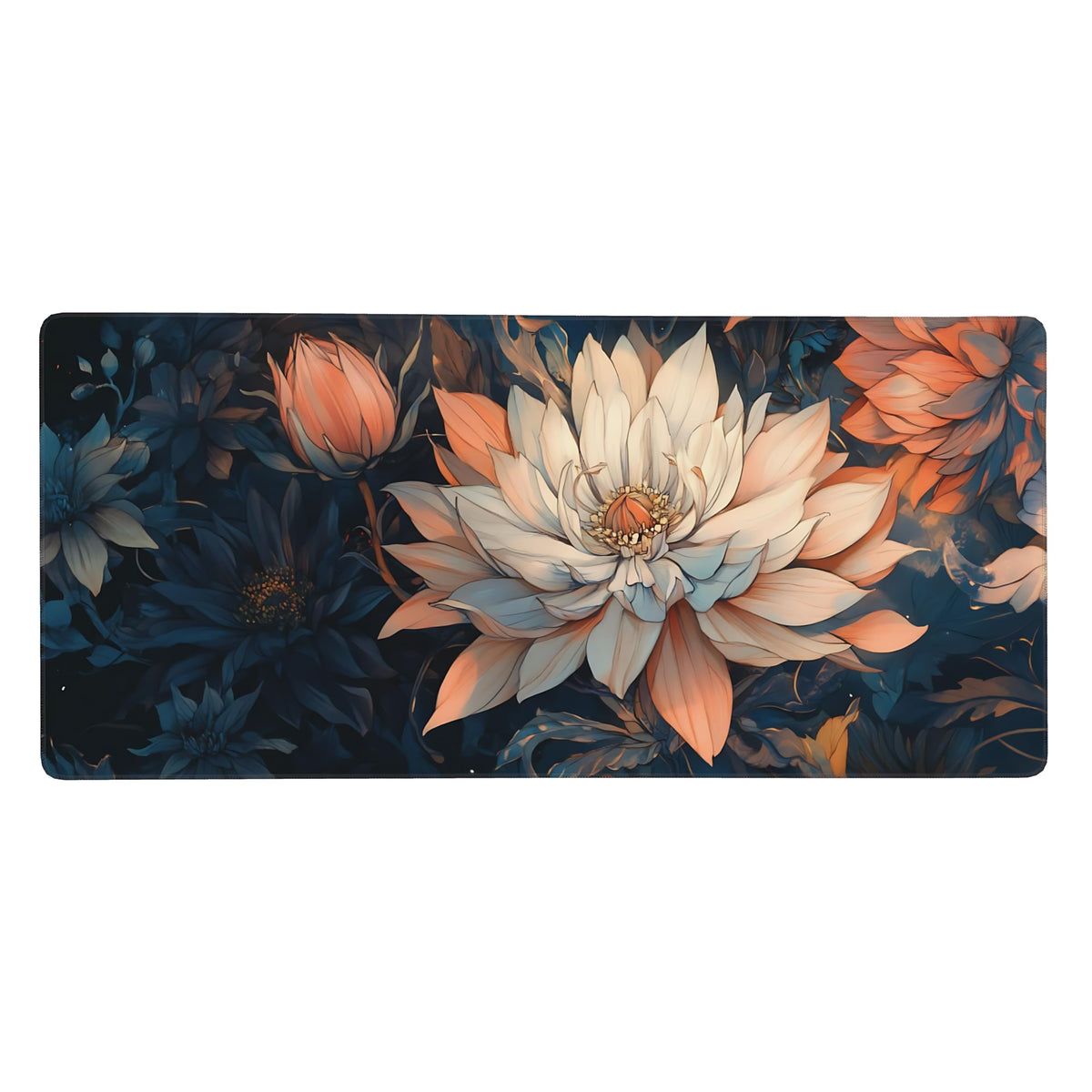 Floral Aesthetic Lotus Gaming Mouse Pad, Blue Pink Japanese Desk Mat with Anti-Slip Base & Stitched