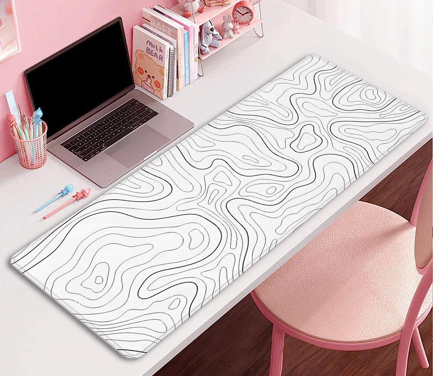 White Topographic Mouse Pad,Gaming Desk Pad with Stitched Edges Non-Slip Rubber Base Extended XL