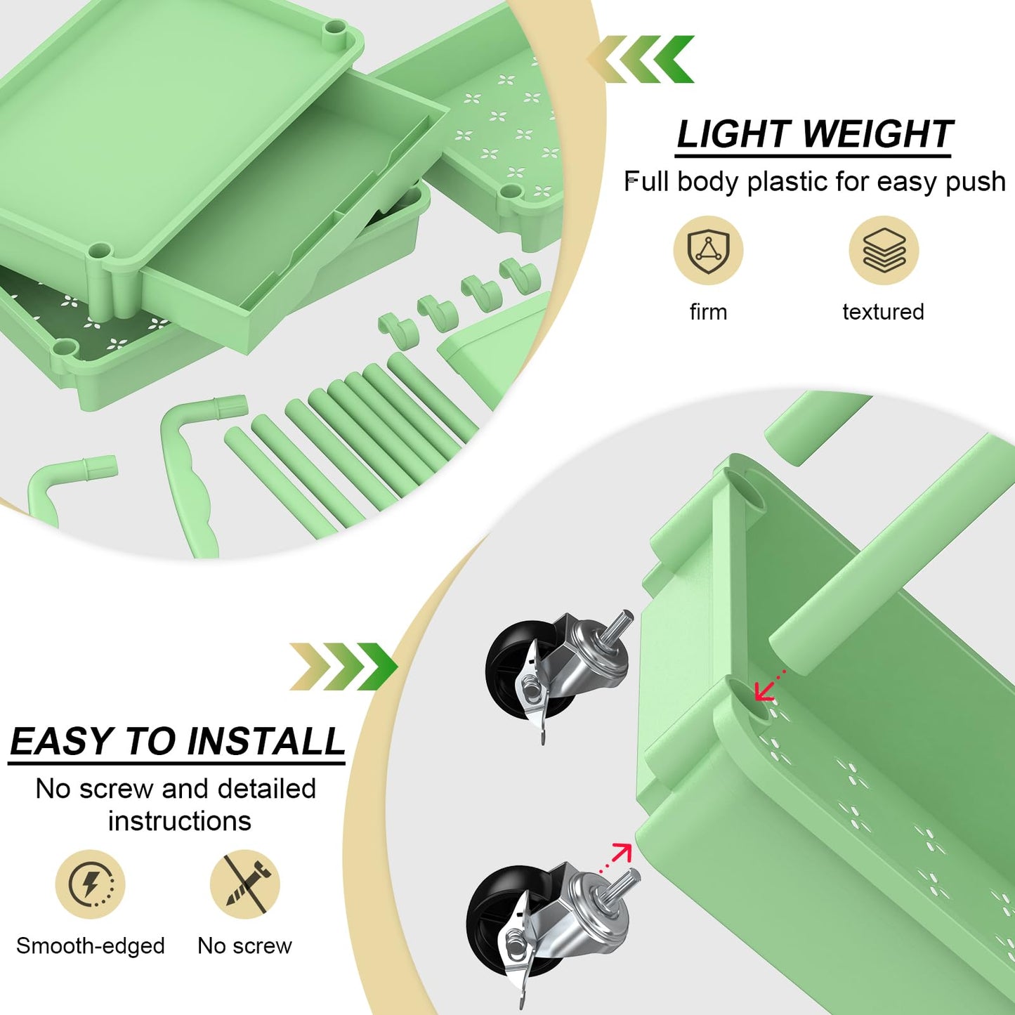 Goovilla 3 Tier Rolling Utility Cart Organizer with Removable Drawer, Green