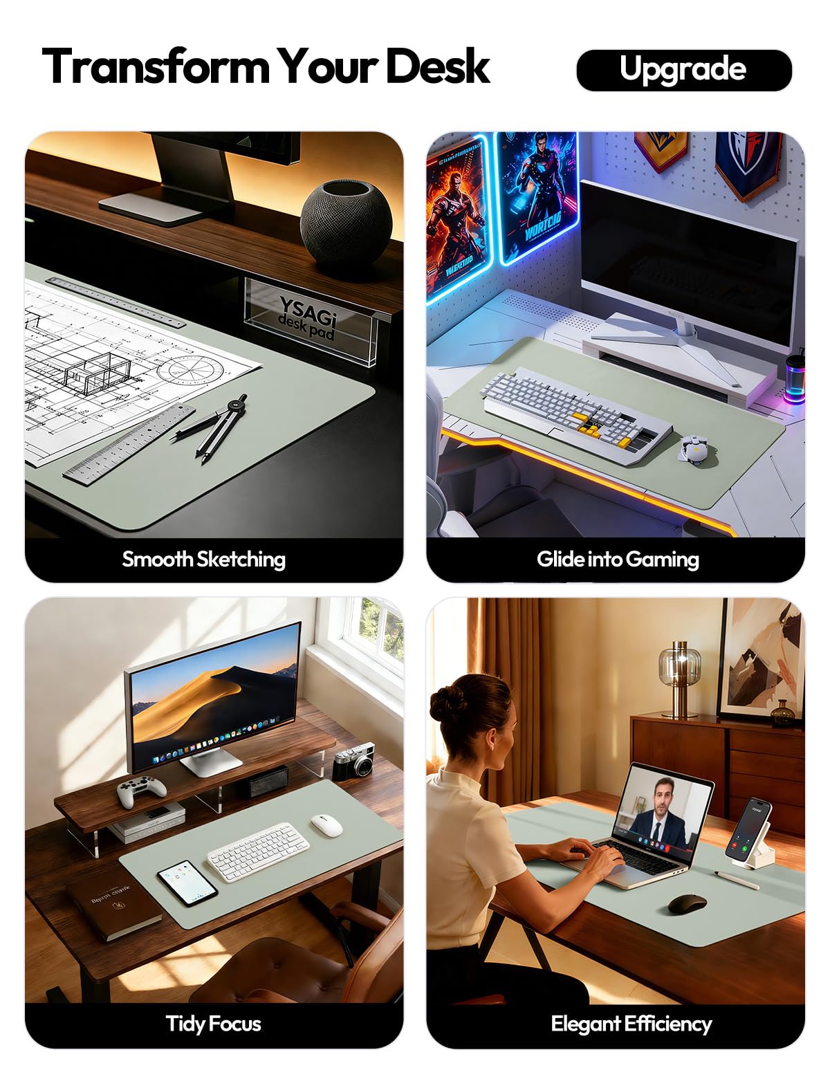 YSAGi Leather Desk Pad Protector, Office Desk Mat, Large Mouse Pad, Non-Slip PU Leather Desk