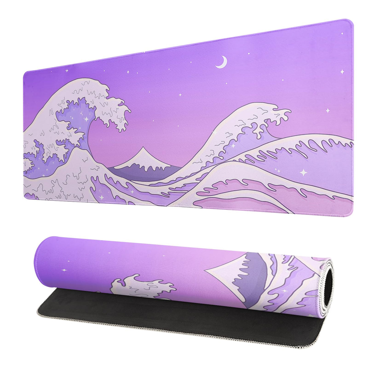 Purple Japanese Sea Wave Gaming Mouse Pad - Large Desk Mat with Non-Slip Base and Stitched Edge for