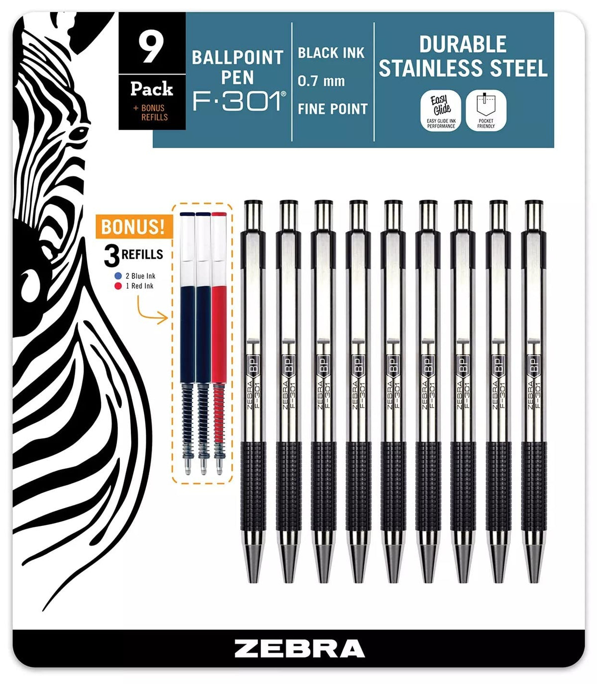 ZEBRA F-301 Ballpoint Retractable Pen, Black Ink, Fine Point Tip, 9 Pens per Pack Refillable Pens