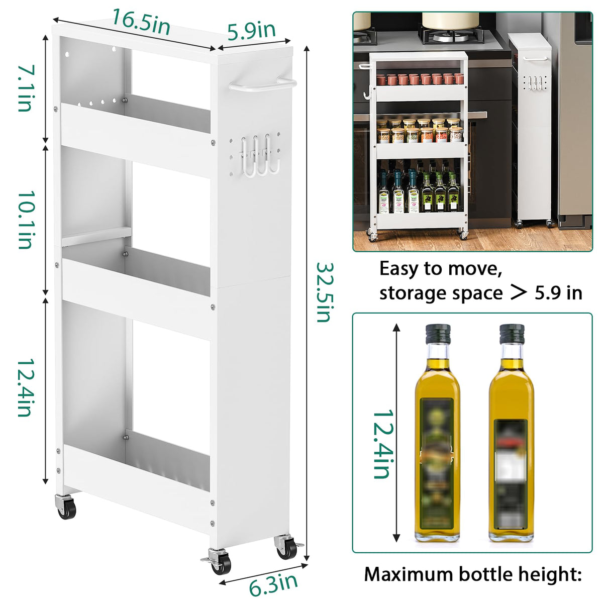 XYZLVSI Slim Storage Cart, Narrow Kitchen Rolling Cart for Small Spaces
