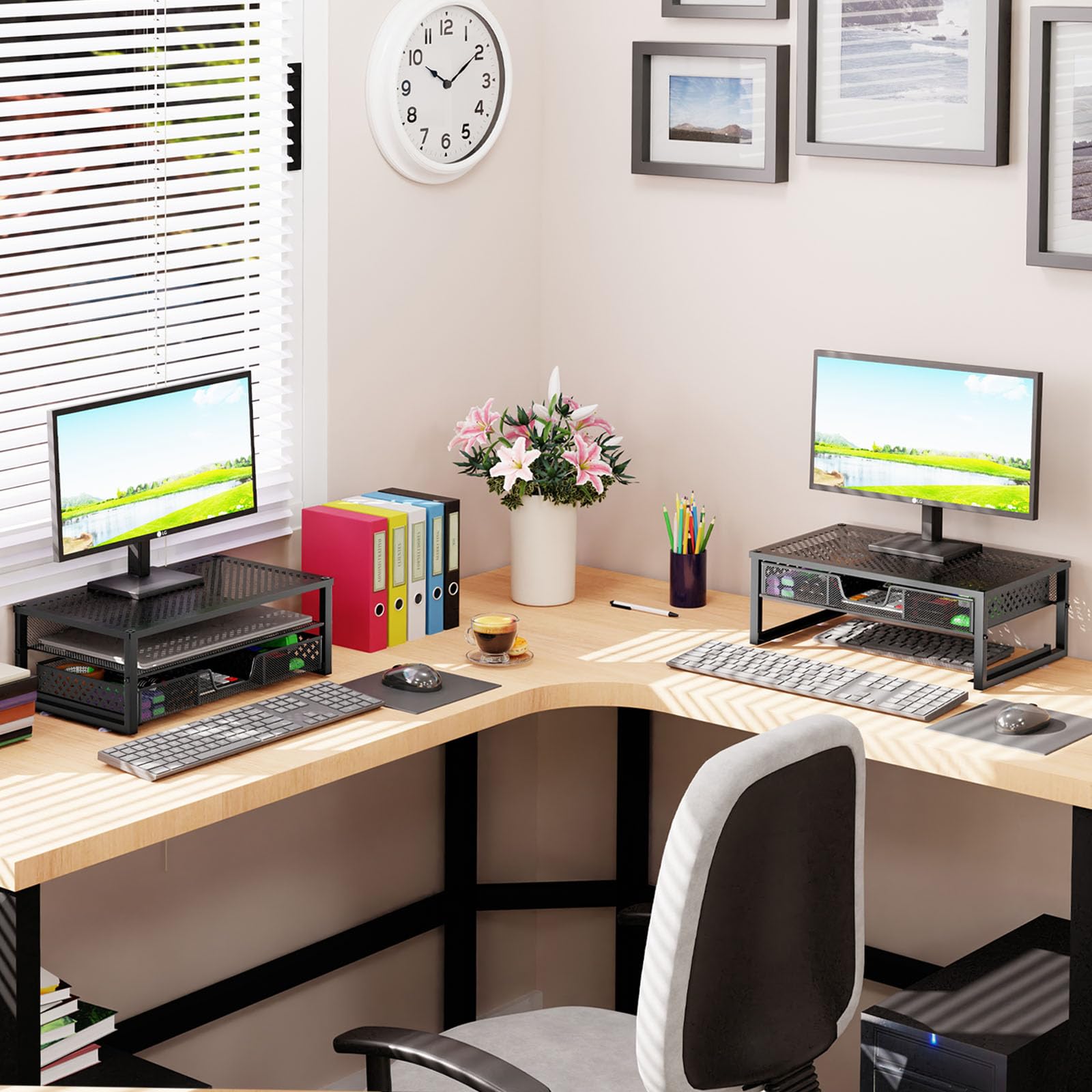 Simple Trending Metal Monitor Stand Riser and Computer Desk Organizer with Drawer for Laptop