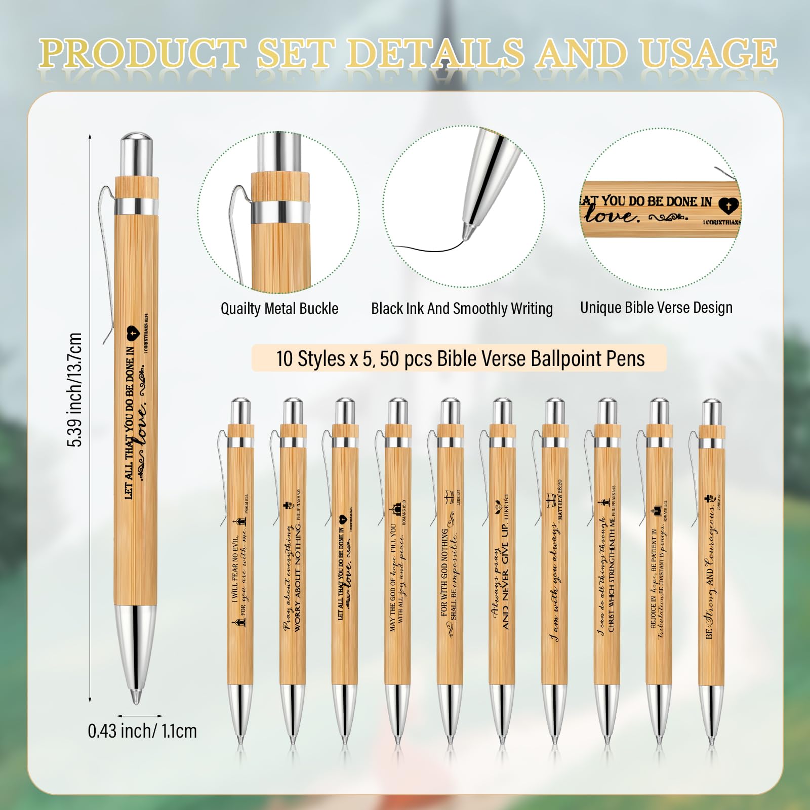 Chivertion 50 Sets Christian Religious Gifts Bible Verse Bamboo Pens