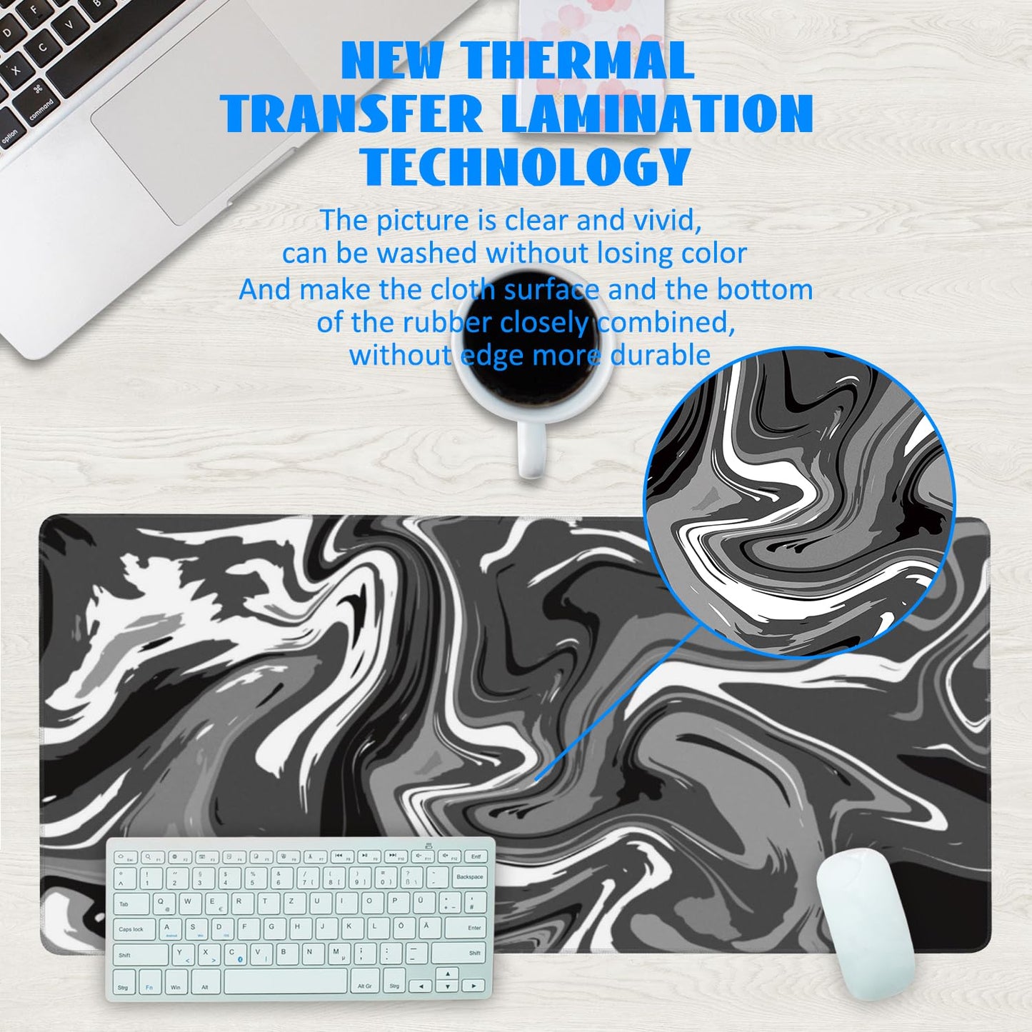 Desk Mat, Abstract Black White Ink Liquid Waves Extended Gaming Mouse Pad Large, 35.4"x15.7" Big