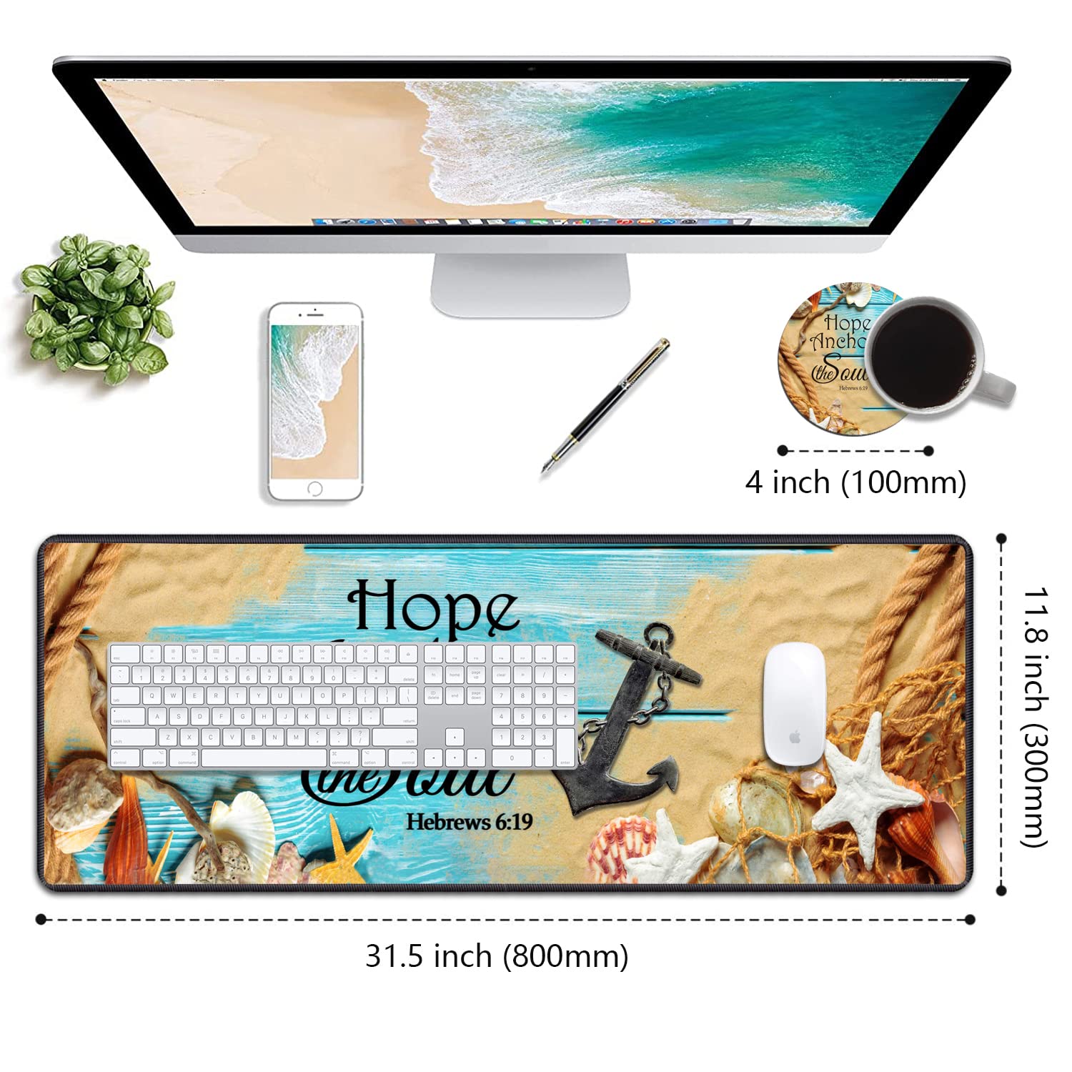 Desk Pad Mat With Coasters, 31.5"x 11.8" XXL Large Gaming Mouse Mat With Non-Slip Base and Stitched