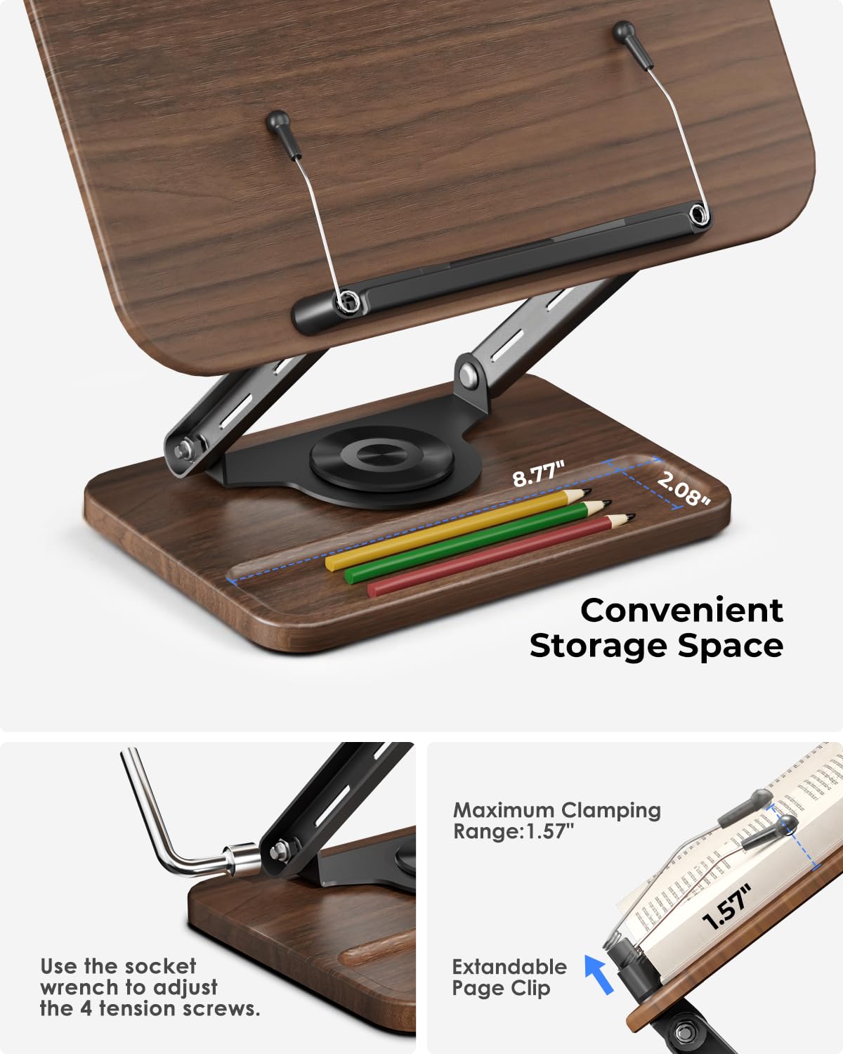 Viozon Book Stand for Reading, Book Holder 360° Rotating Base with Pen Slot, Foldable Reading