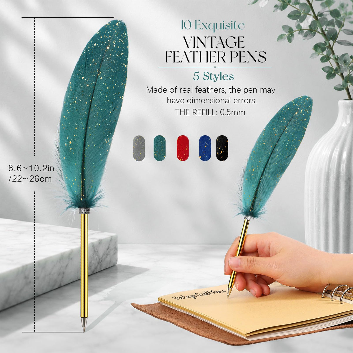 Chivao Feather Pens, Dark Green, Royal Blue, Black, Wine Red, Gray, 20 Pcs