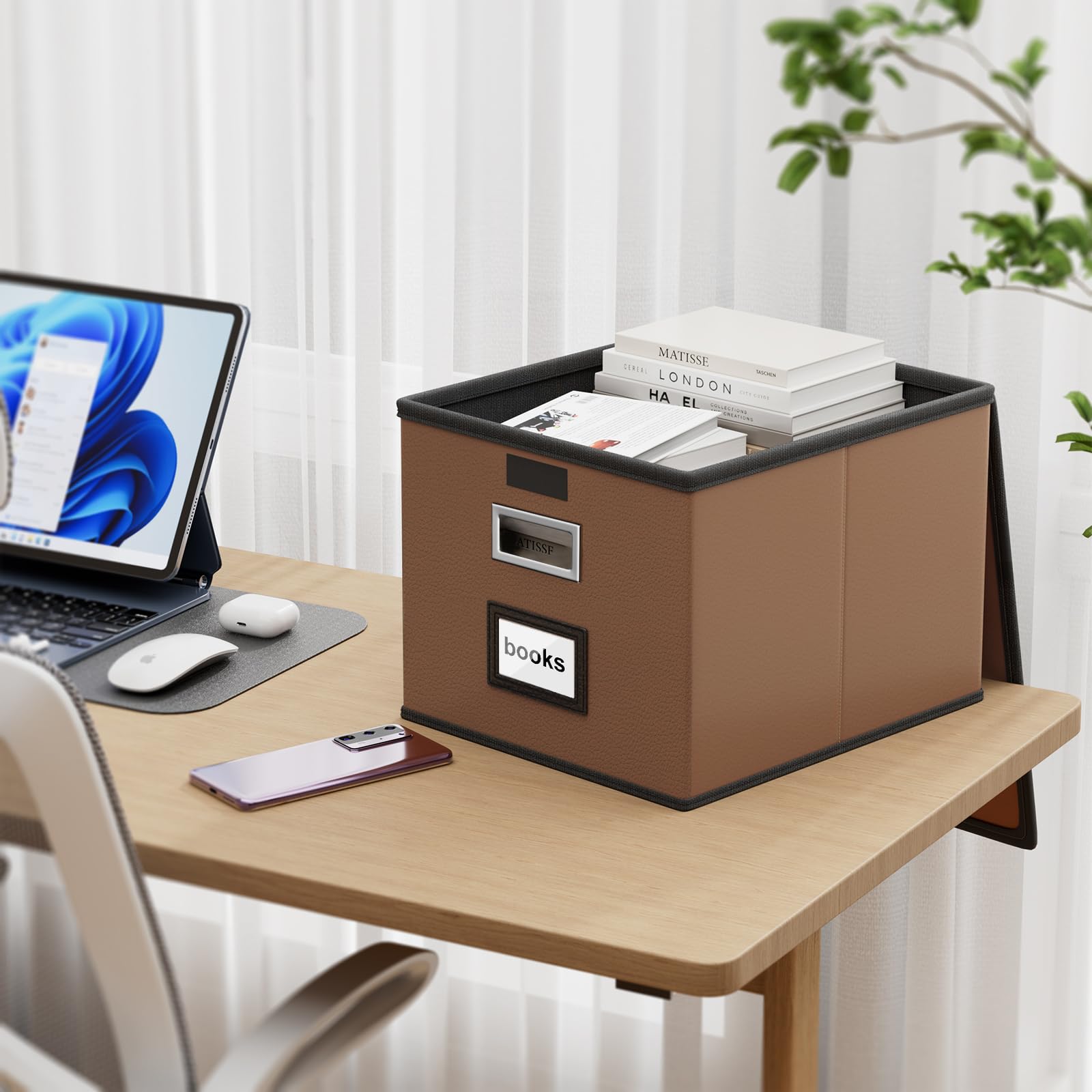 Huolewa Foldable File Organizer Box with Lids (1 Pack, Brown, Leather)