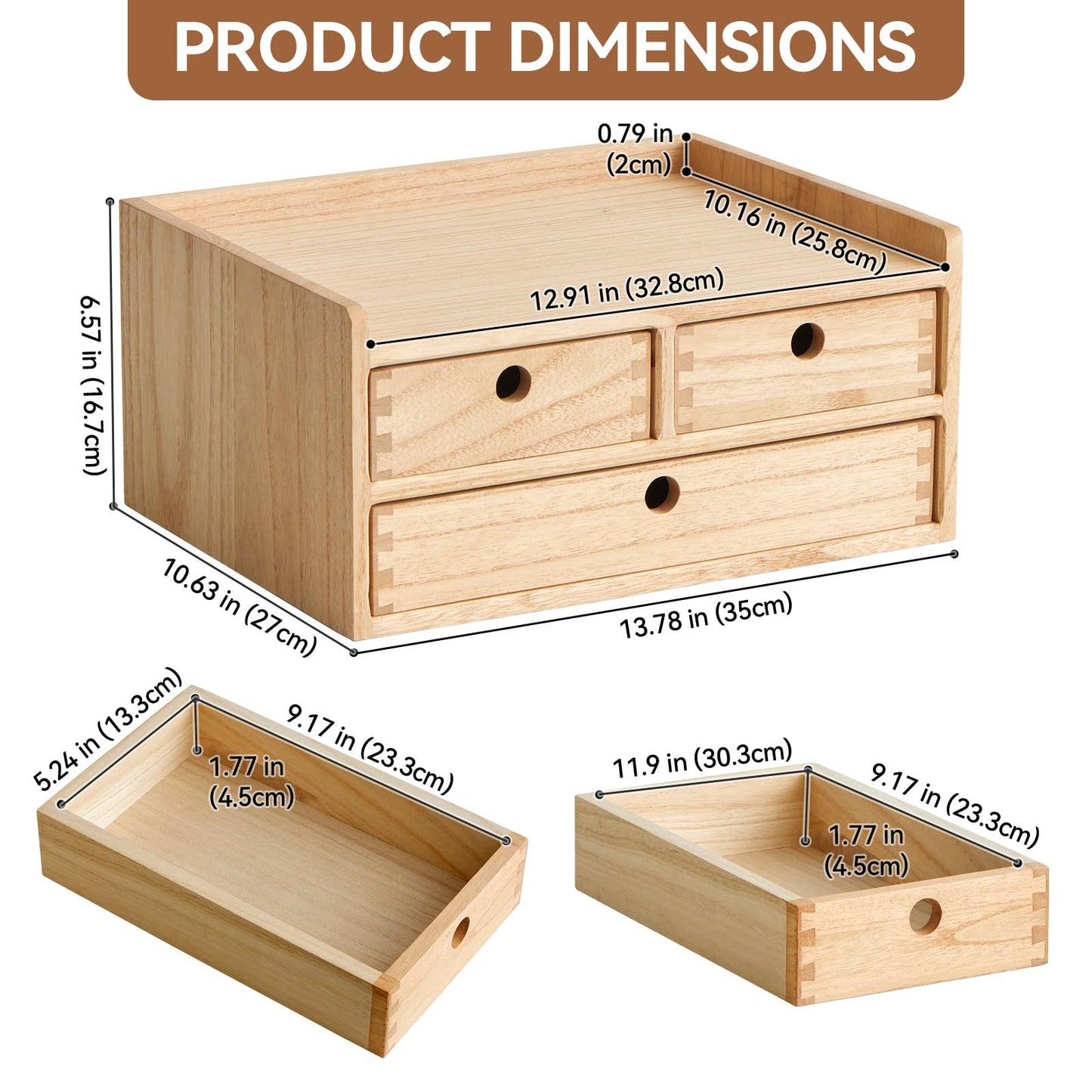 KIRIGEN Wooden Desk Organizer with 3 Drawers and Top Tray Natural DT2D3C-NA